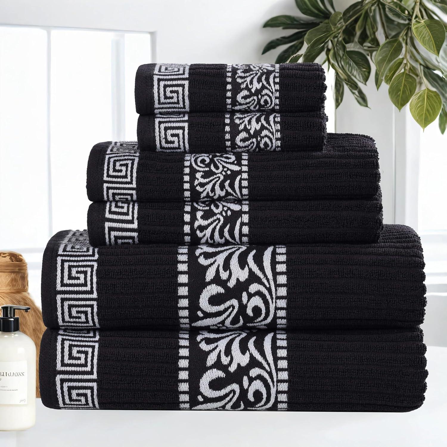 imageSuperior 6Piece Cotton Towel Set Decorative Greek Pattern Home Essentials Absorbent Towels Bathroom Decor Spa Resort Includes 2 Hand 2 Face and 2 Bath Towels Athens Collection GreyBlackwhite