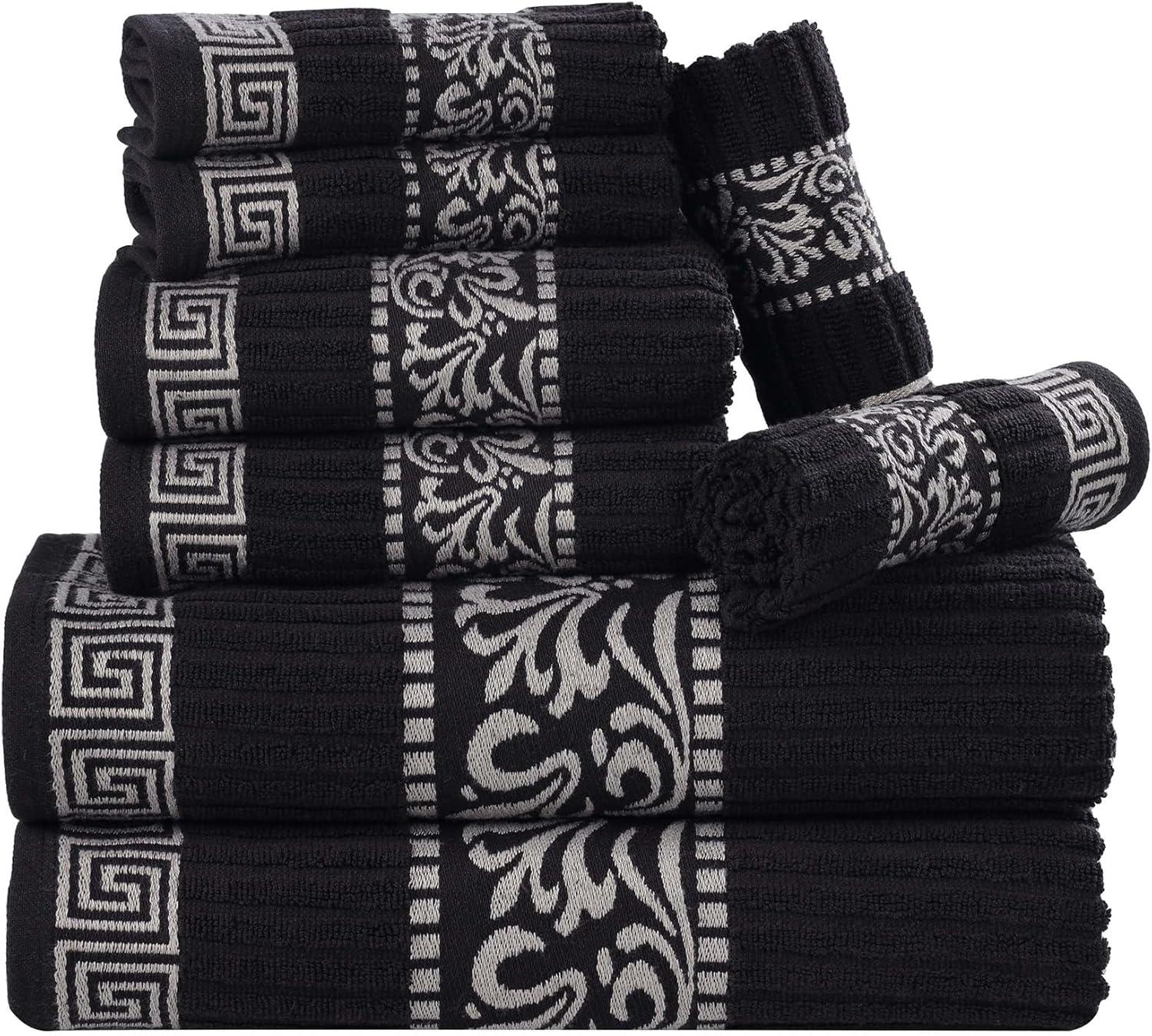 imageSuperior 6Piece Cotton Towel Set Decorative Greek Pattern Home Essentials Absorbent Towels Bathroom Decor Spa Resort Includes 2 Hand 2 Face and 2 Bath Towels Athens Collection GreyBlackchrome