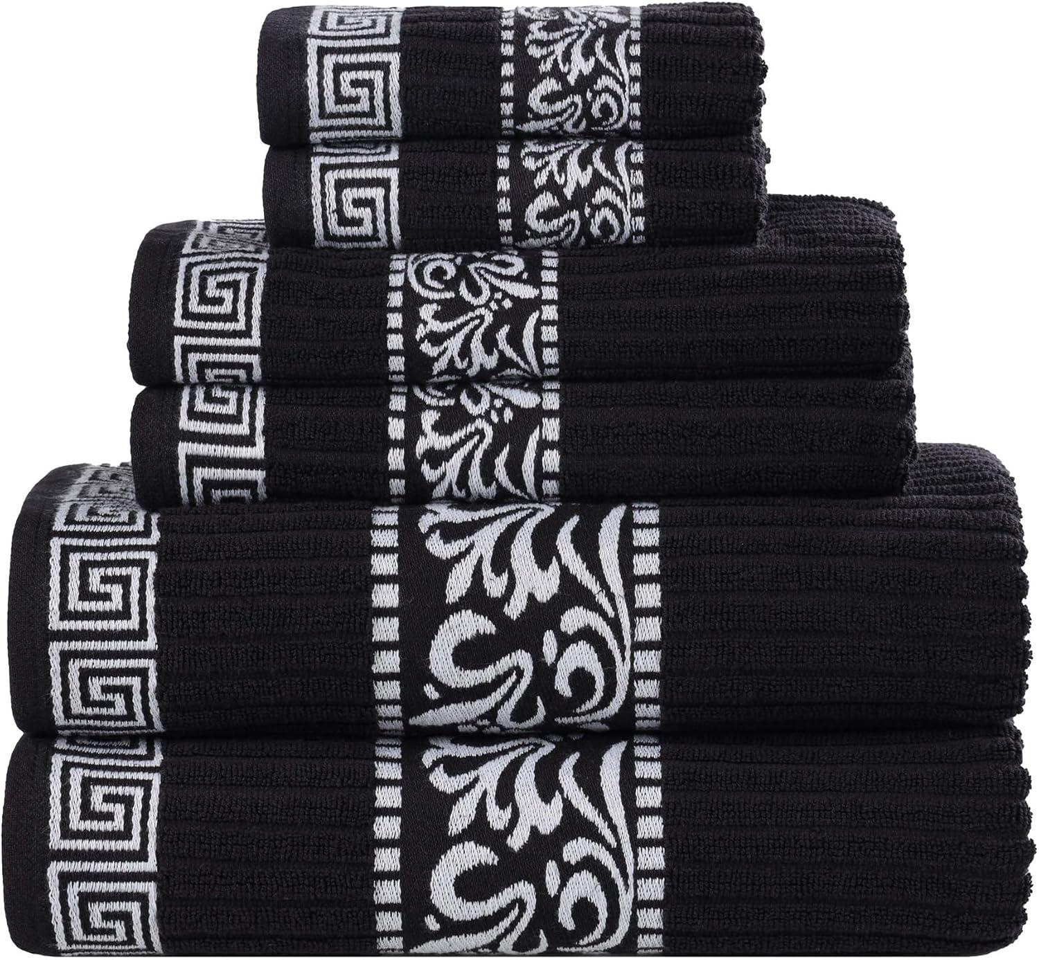 imageSuperior 6Piece Cotton Towel Set Decorative Greek Pattern Home Essentials Absorbent Towels Bathroom Decor Spa Resort Includes 2 Hand 2 Face and 2 Bath Towels Athens Collection GreyBlackwhite