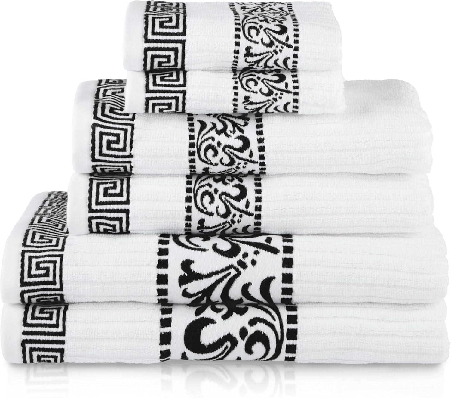 imageSuperior 6Piece Cotton Towel Set Decorative Greek Pattern Home Essentials Absorbent Towels Bathroom Decor Spa Resort Includes 2 Hand 2 Face and 2 Bath Towels Athens Collection GreyBlack