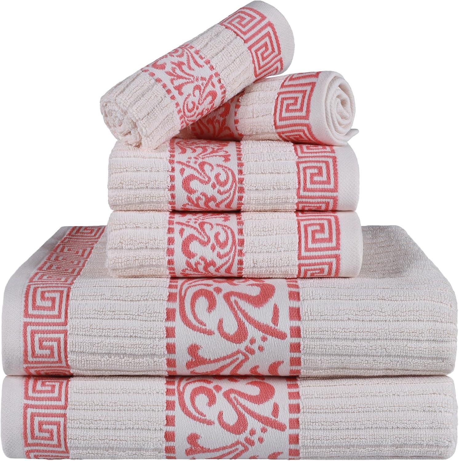 imageSuperior 6Piece Cotton Towel Set Decorative Greek Pattern Home Essentials Absorbent Towels Bathroom Decor Spa Resort Includes 2 Hand 2 Face and 2 Bath Towels Athens Collection GreyIvorycoral