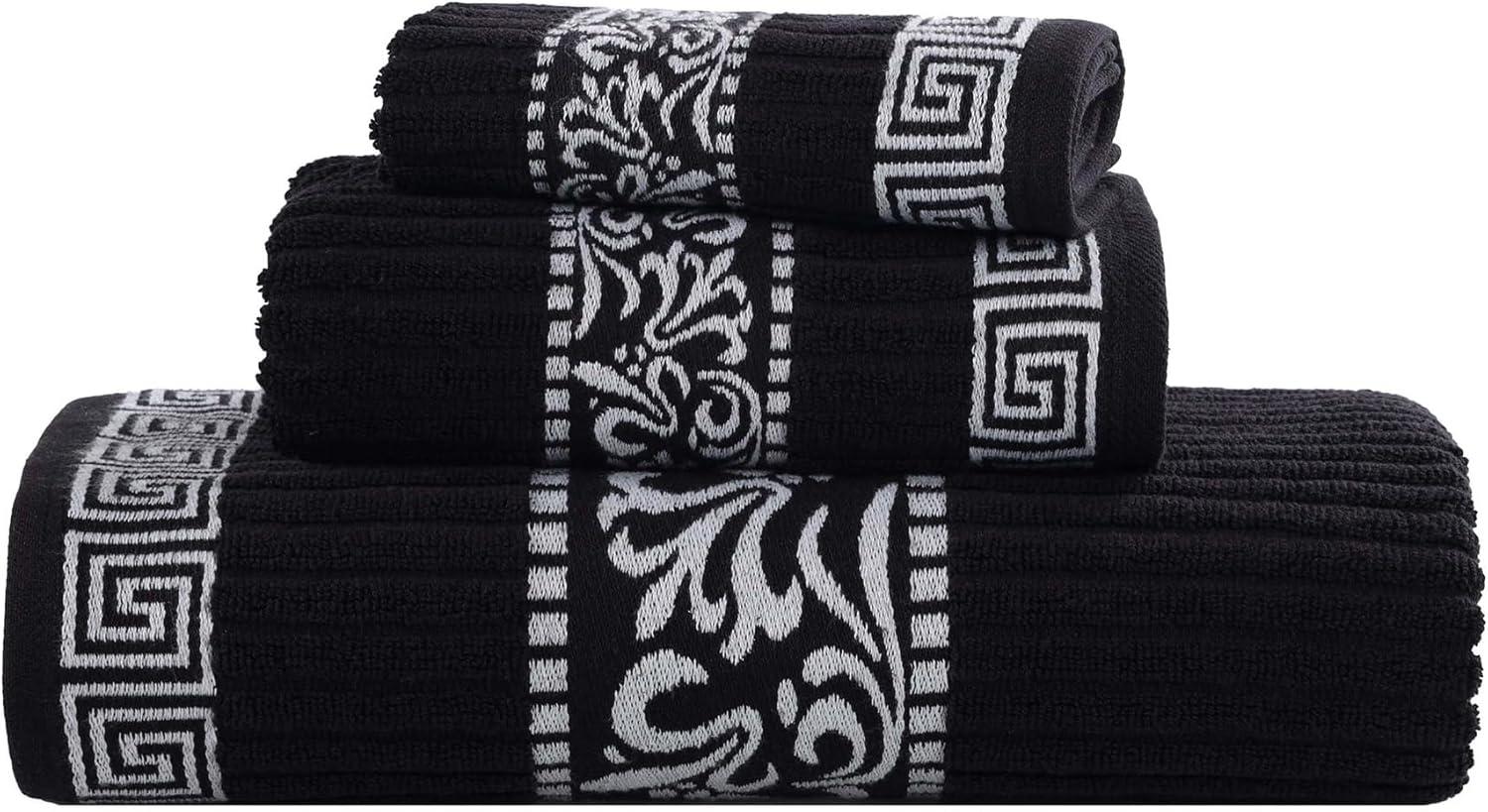 imageSuperior 6Piece Cotton Towel Set Decorative Greek Pattern Home Essentials Absorbent Towels Bathroom Decor Spa Resort Includes 2 Hand 2 Face and 2 Bath Towels Athens Collection GreyBlackwhite