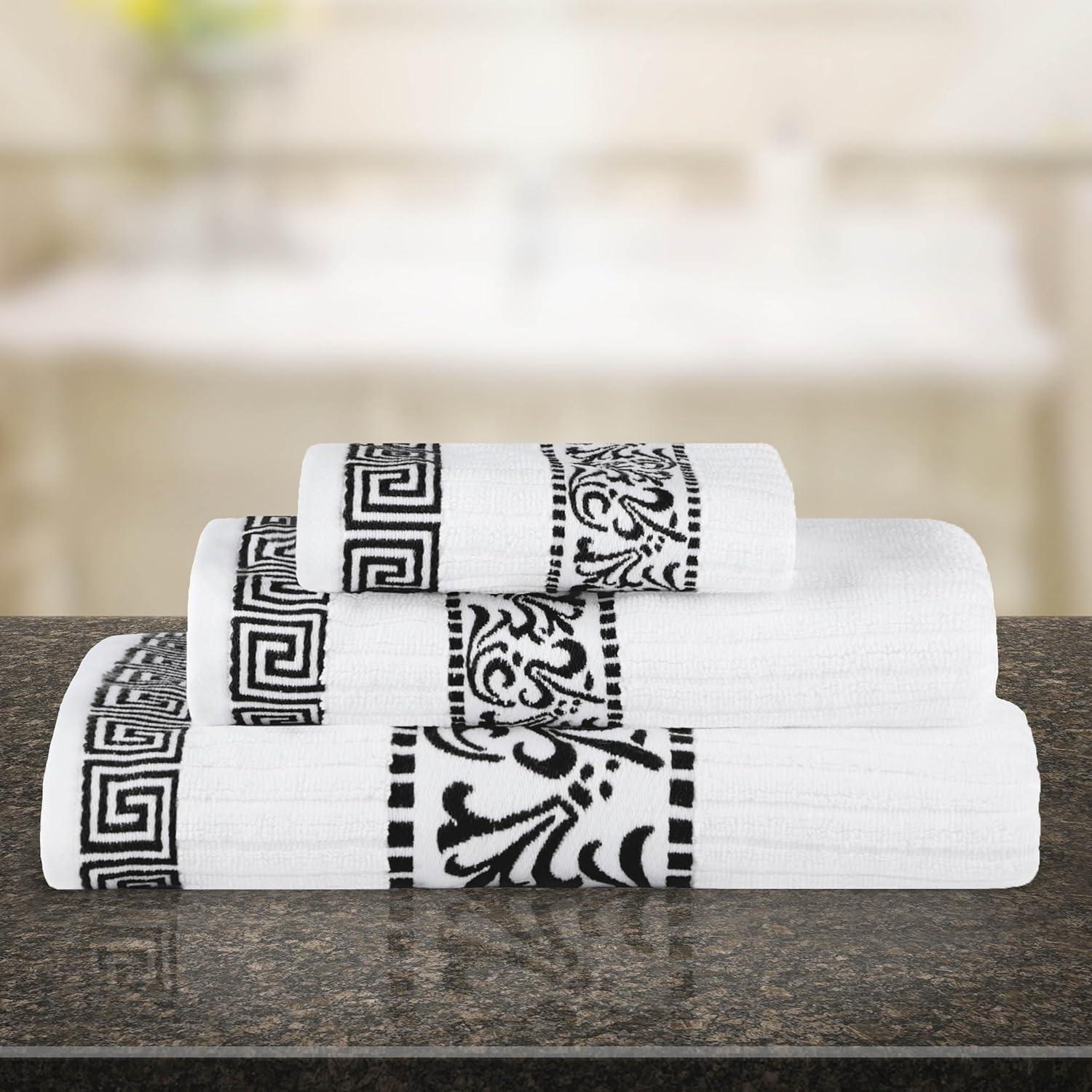 imageSuperior 6Piece Cotton Towel Set Decorative Greek Pattern Home Essentials Absorbent Towels Bathroom Decor Spa Resort Includes 2 Hand 2 Face and 2 Bath Towels Athens Collection GreyBlack