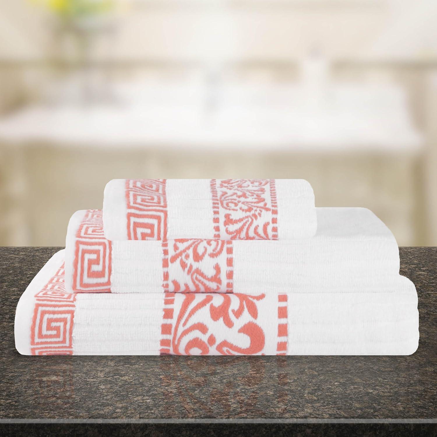 imageSuperior 6Piece Cotton Towel Set Decorative Greek Pattern Home Essentials Absorbent Towels Bathroom Decor Spa Resort Includes 2 Hand 2 Face and 2 Bath Towels Athens Collection GreyCoral