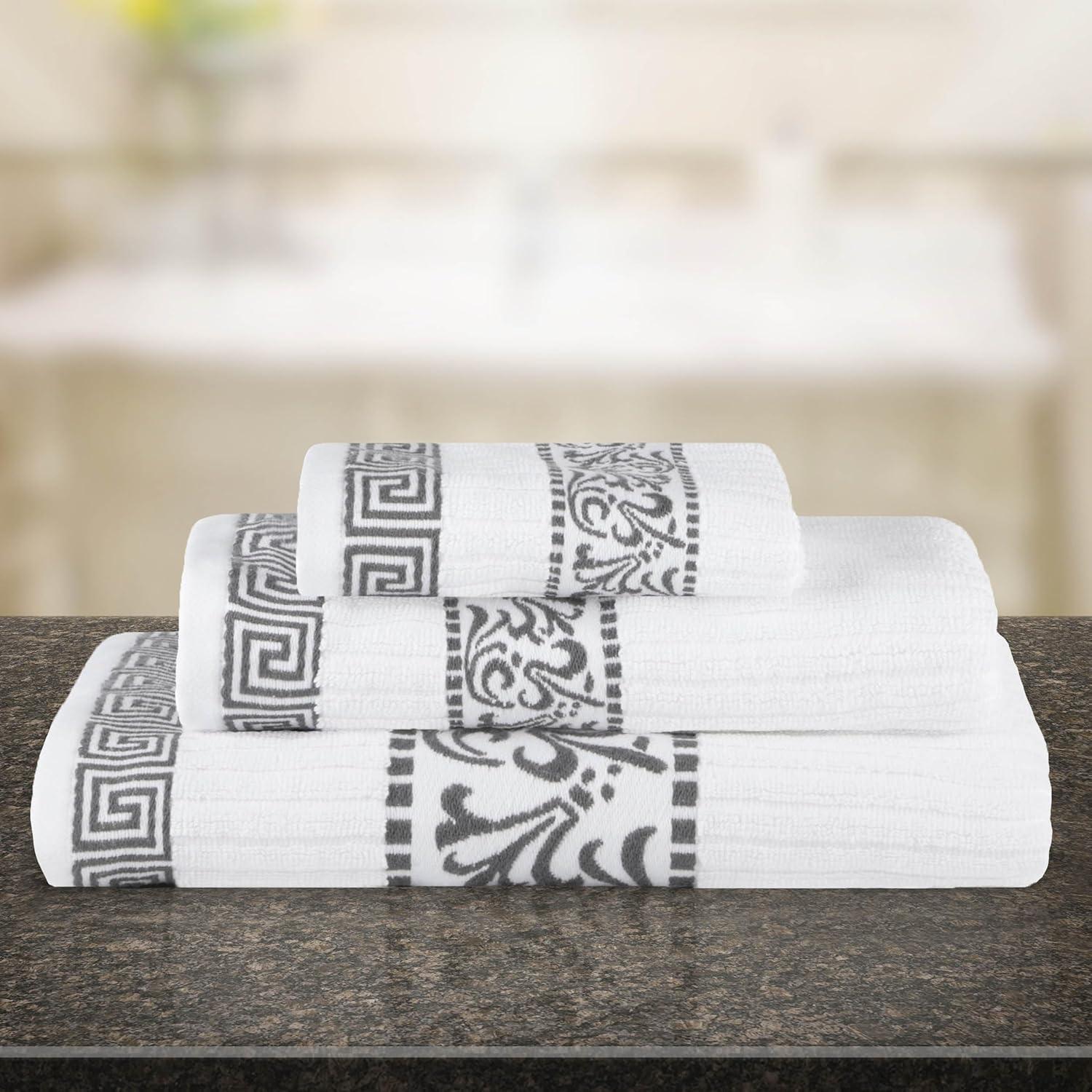 imageSuperior 6Piece Cotton Towel Set Decorative Greek Pattern Home Essentials Absorbent Towels Bathroom Decor Spa Resort Includes 2 Hand 2 Face and 2 Bath Towels Athens Collection GreyGrey