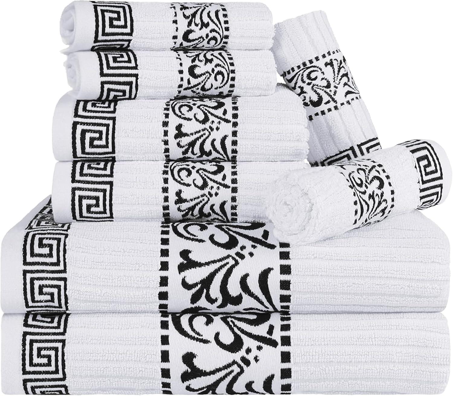 imageSuperior 6Piece Cotton Towel Set Decorative Greek Pattern Home Essentials Absorbent Towels Bathroom Decor Spa Resort Includes 2 Hand 2 Face and 2 Bath Towels Athens Collection GreyBlack