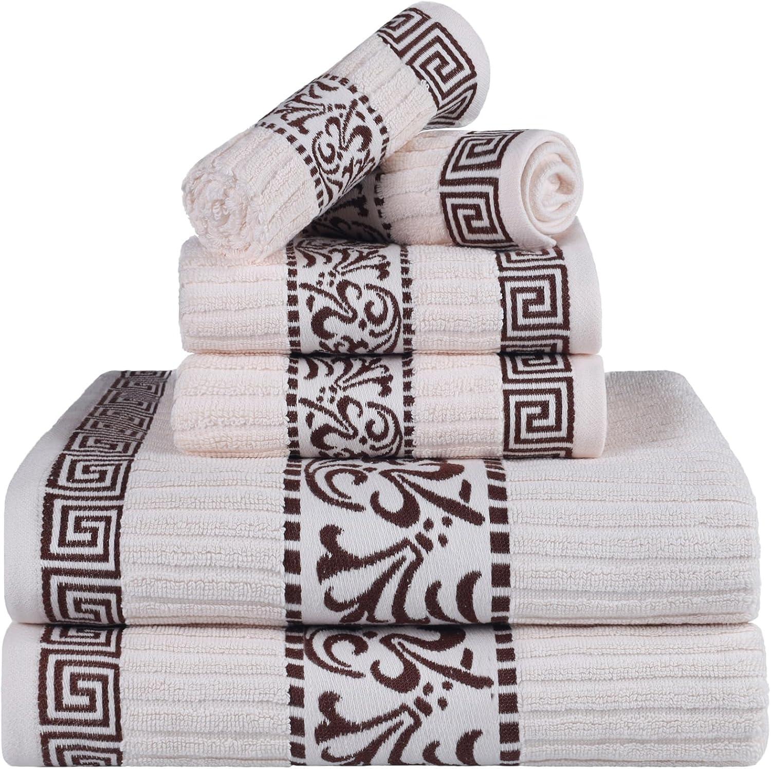 imageSuperior 6Piece Cotton Towel Set Decorative Greek Pattern Home Essentials Absorbent Towels Bathroom Decor Spa Resort Includes 2 Hand 2 Face and 2 Bath Towels Athens Collection GreyIvorychocolate