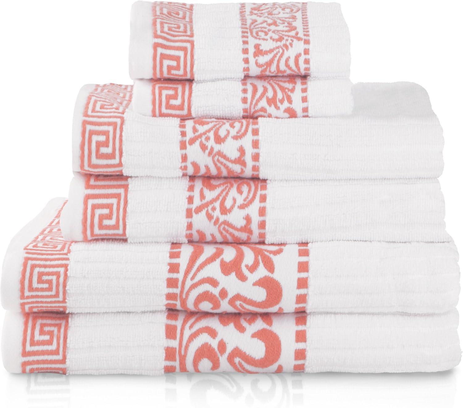 imageSuperior 6Piece Cotton Towel Set Decorative Greek Pattern Home Essentials Absorbent Towels Bathroom Decor Spa Resort Includes 2 Hand 2 Face and 2 Bath Towels Athens Collection GreyCoral