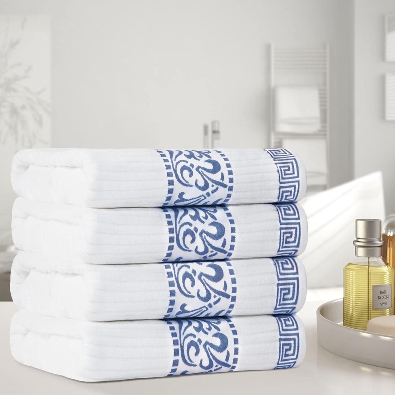 imageSuperior 6Piece Cotton Towel Set Decorative Greek Pattern Home Essentials Absorbent Towels Bathroom Decor Spa Resort Includes 2 Hand 2 Face and 2 Bath Towels Athens Collection GreyNavy Blue