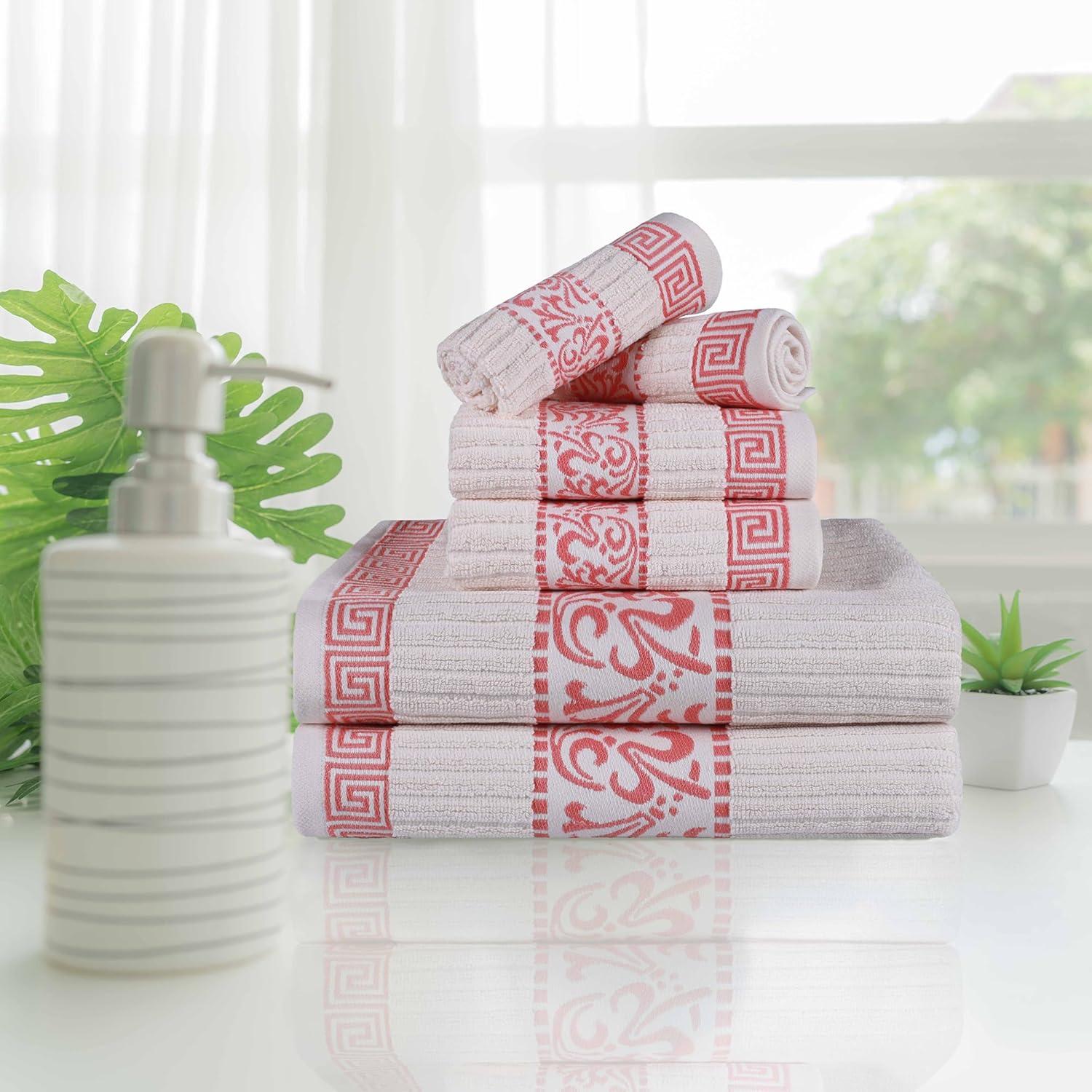 imageSuperior 6Piece Cotton Towel Set Decorative Greek Pattern Home Essentials Absorbent Towels Bathroom Decor Spa Resort Includes 2 Hand 2 Face and 2 Bath Towels Athens Collection GreyIvorycoral