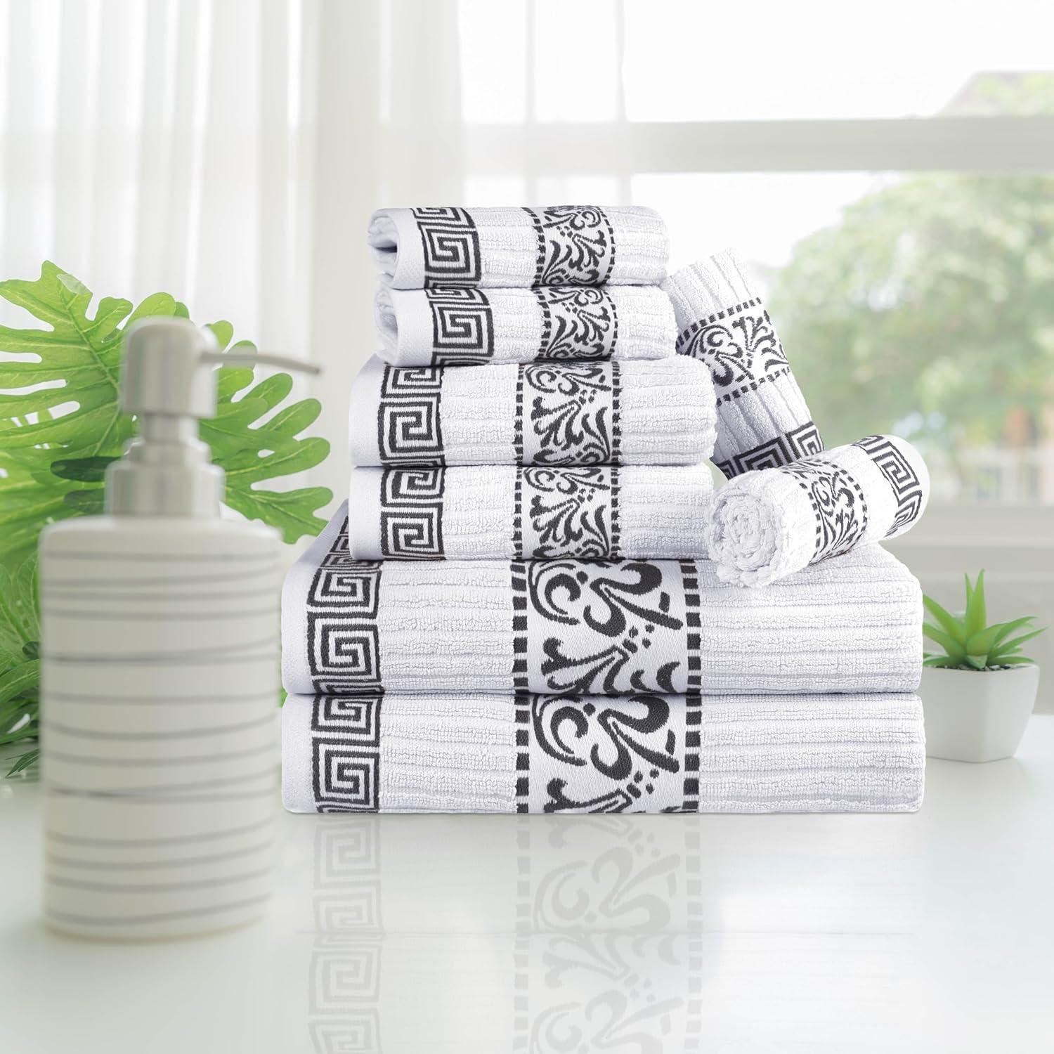 imageSuperior 6Piece Cotton Towel Set Decorative Greek Pattern Home Essentials Absorbent Towels Bathroom Decor Spa Resort Includes 2 Hand 2 Face and 2 Bath Towels Athens Collection GreyGrey