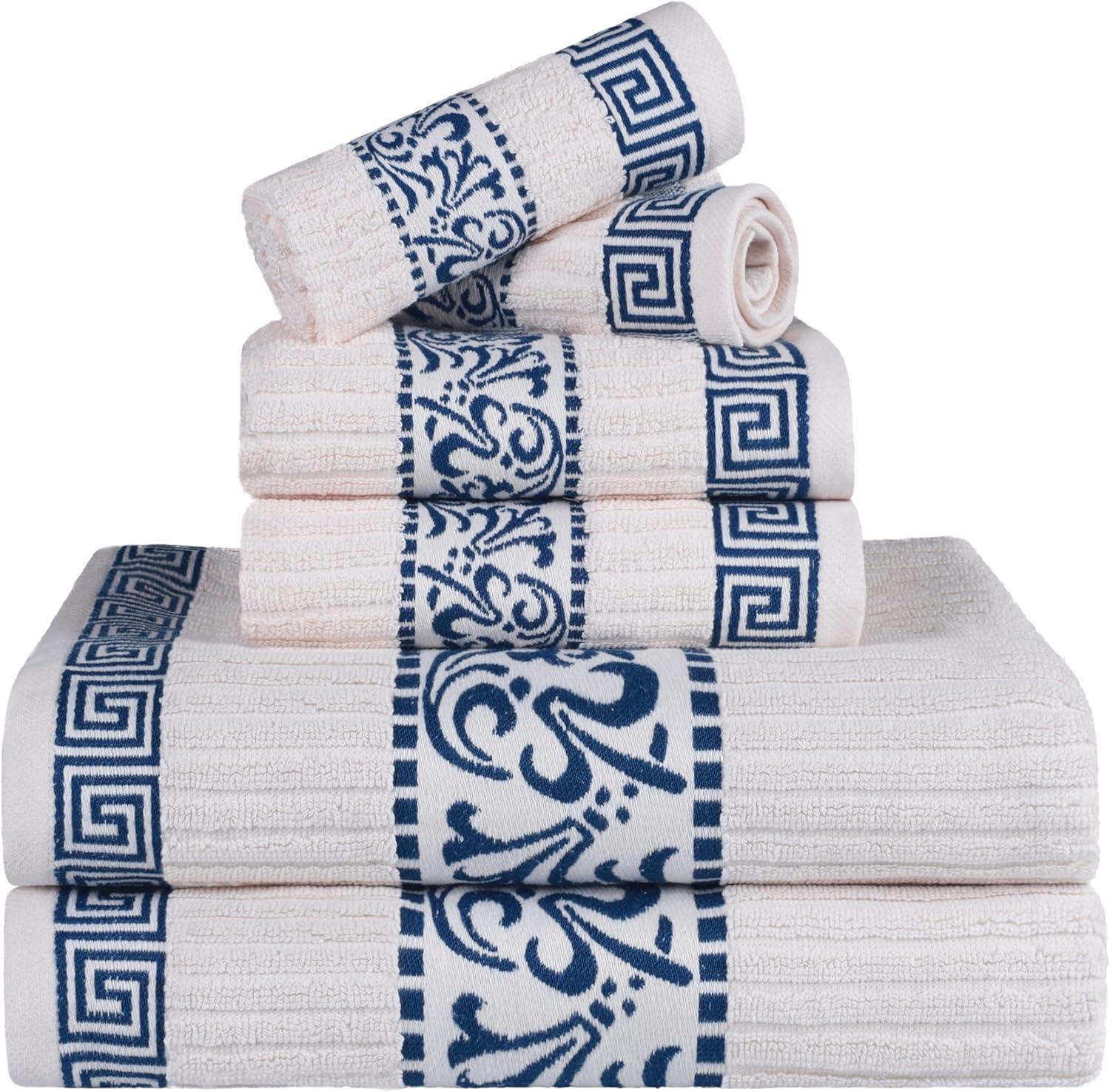 imageSuperior 6Piece Cotton Towel Set Decorative Greek Pattern Home Essentials Absorbent Towels Bathroom Decor Spa Resort Includes 2 Hand 2 Face and 2 Bath Towels Athens Collection GreyIvorynavy