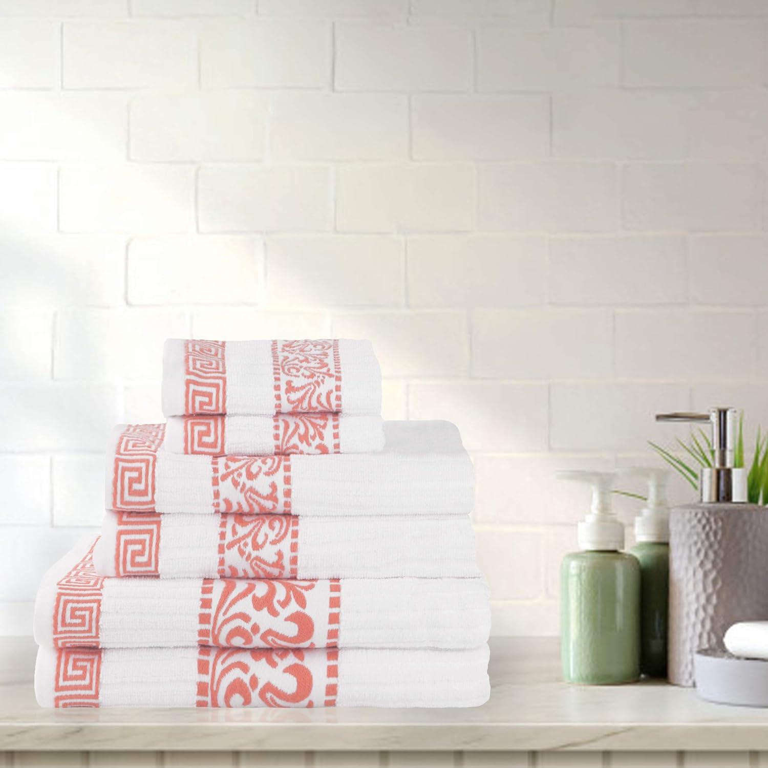 imageSuperior 6Piece Cotton Towel Set Decorative Greek Pattern Home Essentials Absorbent Towels Bathroom Decor Spa Resort Includes 2 Hand 2 Face and 2 Bath Towels Athens Collection GreyCoral
