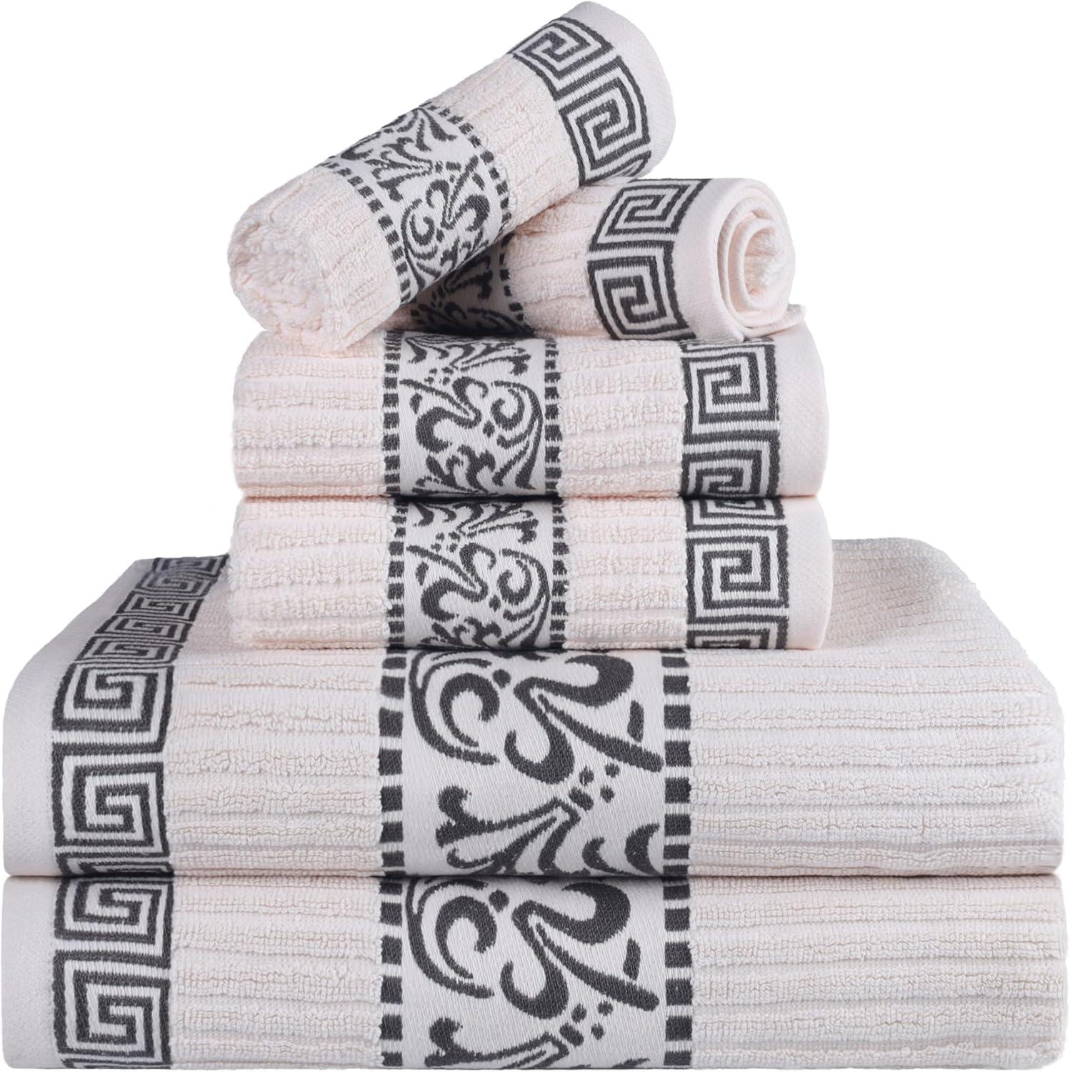 imageSuperior 6Piece Cotton Towel Set Decorative Greek Pattern Home Essentials Absorbent Towels Bathroom Decor Spa Resort Includes 2 Hand 2 Face and 2 Bath Towels Athens Collection GreyIvorygrey
