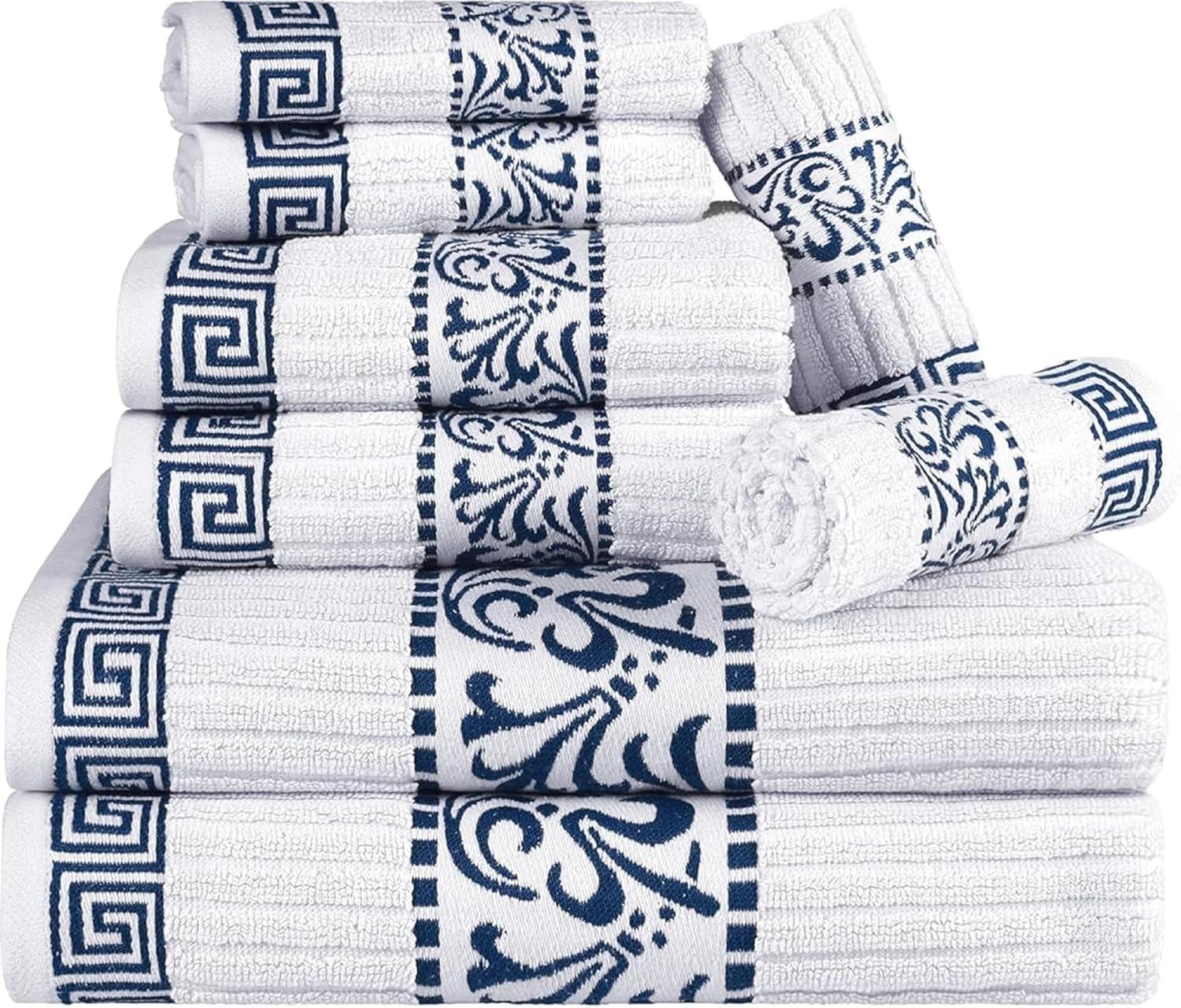 imageSuperior 6Piece Cotton Towel Set Decorative Greek Pattern Home Essentials Absorbent Towels Bathroom Decor Spa Resort Includes 2 Hand 2 Face and 2 Bath Towels Athens Collection GreyNavy Blue