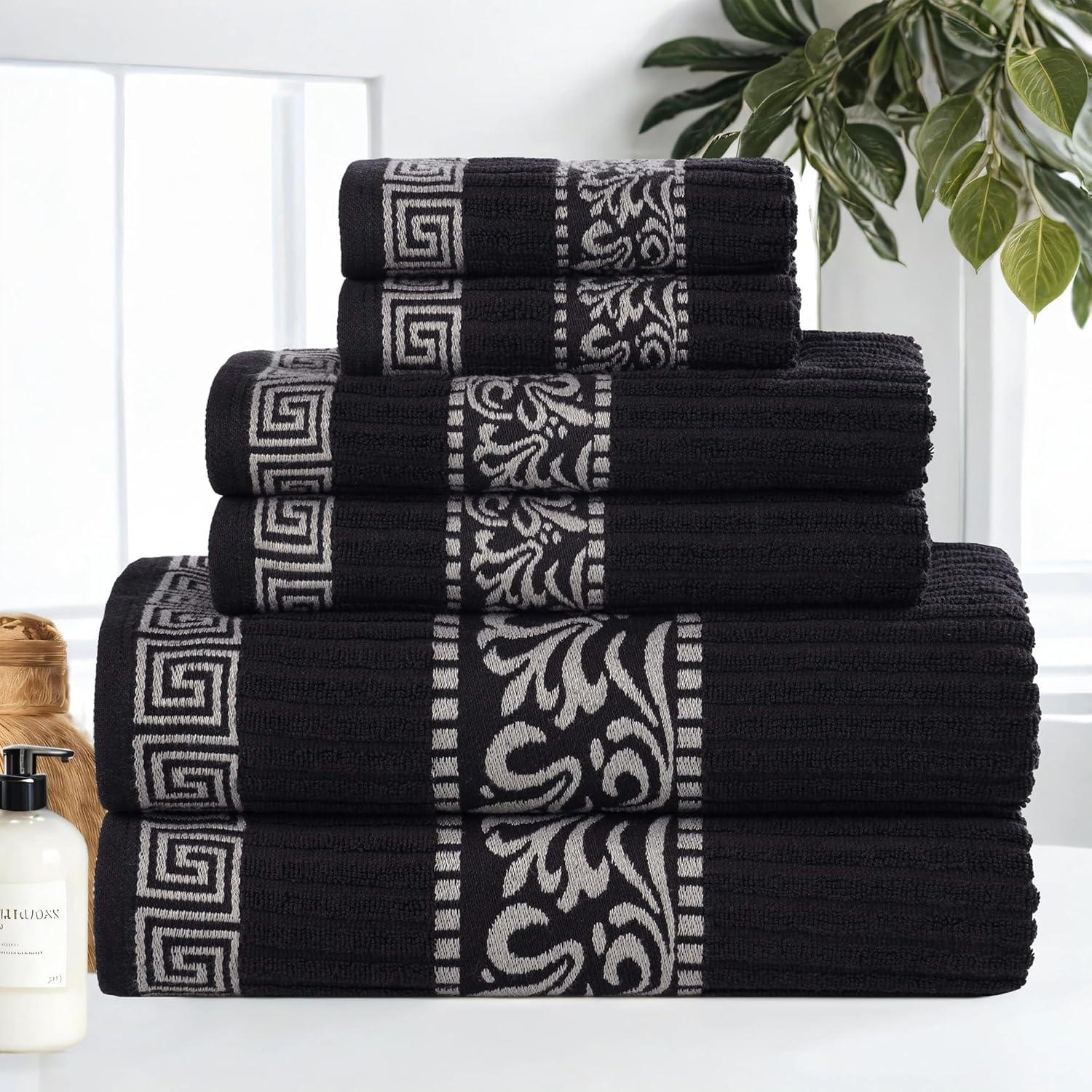 imageSuperior 6Piece Cotton Towel Set Decorative Greek Pattern Home Essentials Absorbent Towels Bathroom Decor Spa Resort Includes 2 Hand 2 Face and 2 Bath Towels Athens Collection GreyBlackchrome