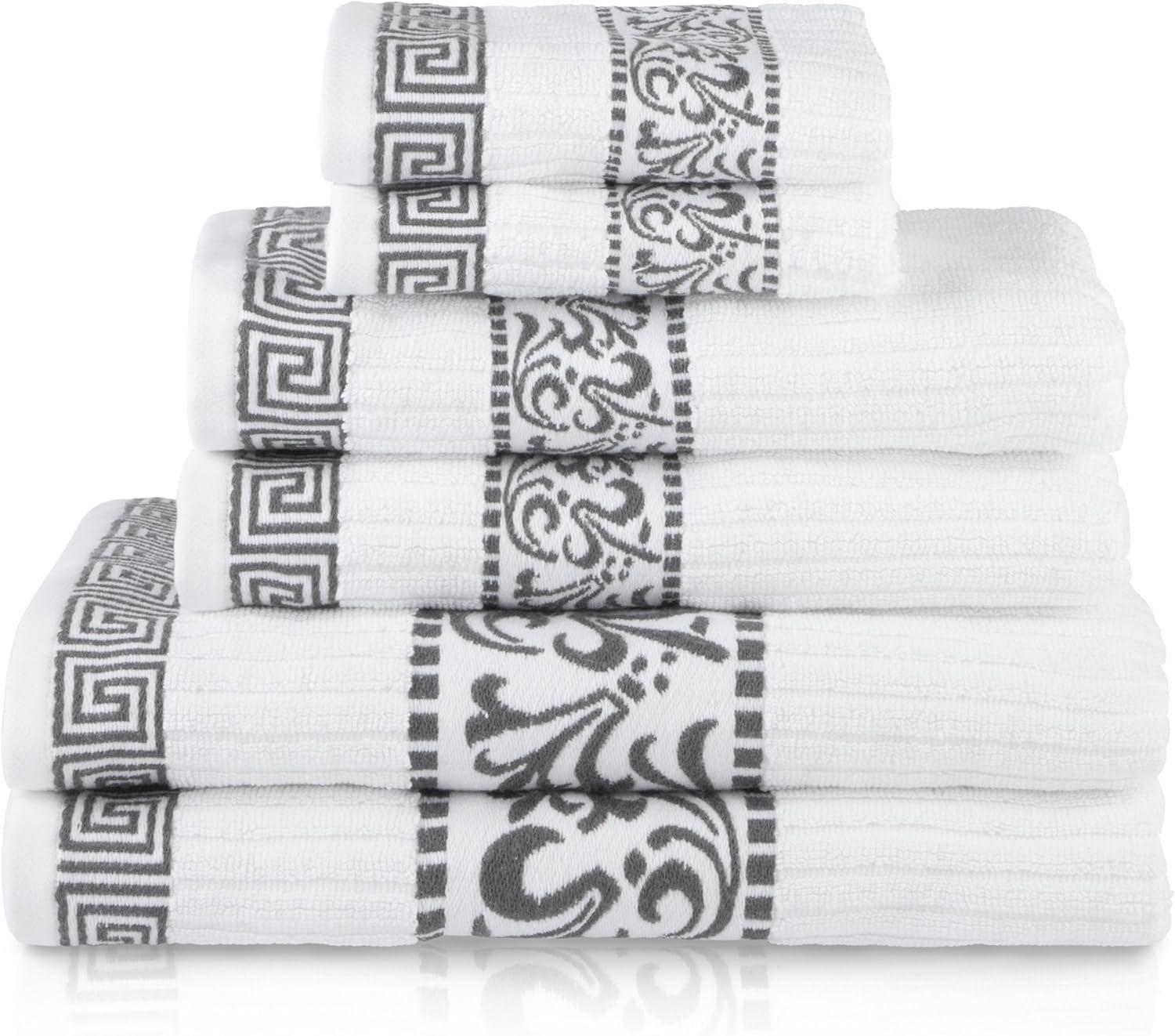 imageSuperior 6Piece Cotton Towel Set Decorative Greek Pattern Home Essentials Absorbent Towels Bathroom Decor Spa Resort Includes 2 Hand 2 Face and 2 Bath Towels Athens Collection GreyGrey