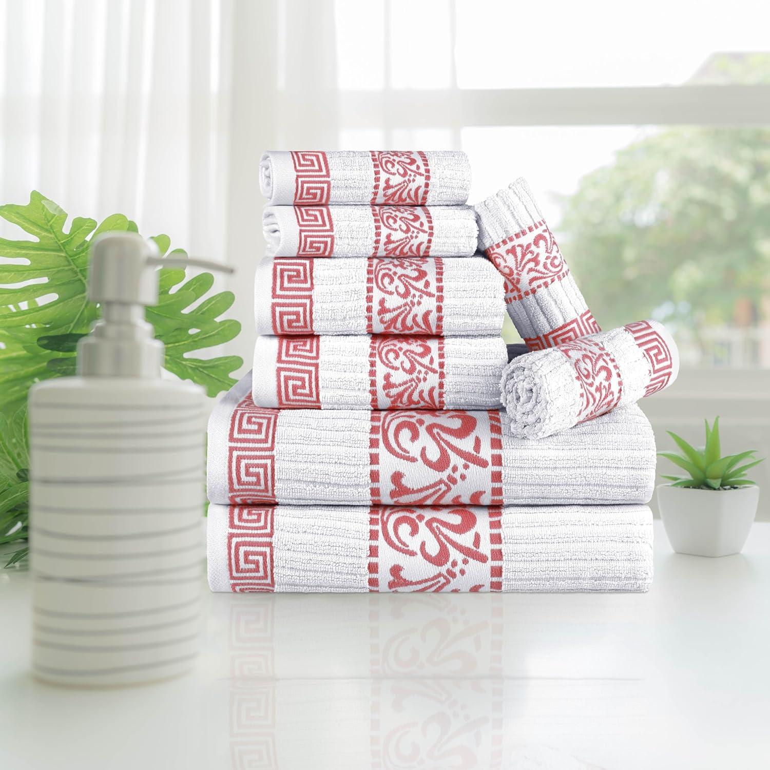 imageSuperior 6Piece Cotton Towel Set Decorative Greek Pattern Home Essentials Absorbent Towels Bathroom Decor Spa Resort Includes 2 Hand 2 Face and 2 Bath Towels Athens Collection GreyCoral