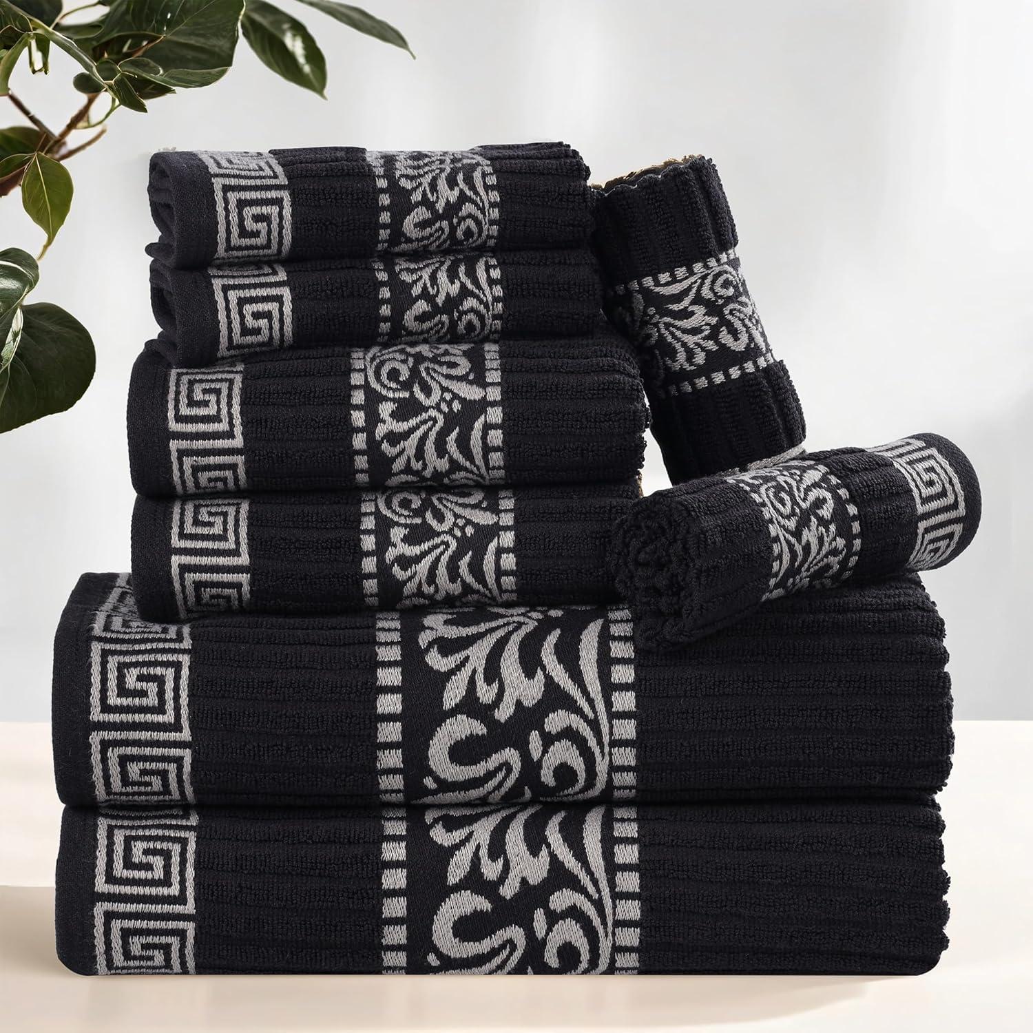 imageSuperior 6Piece Cotton Towel Set Decorative Greek Pattern Home Essentials Absorbent Towels Bathroom Decor Spa Resort Includes 2 Hand 2 Face and 2 Bath Towels Athens Collection GreyBlackchrome