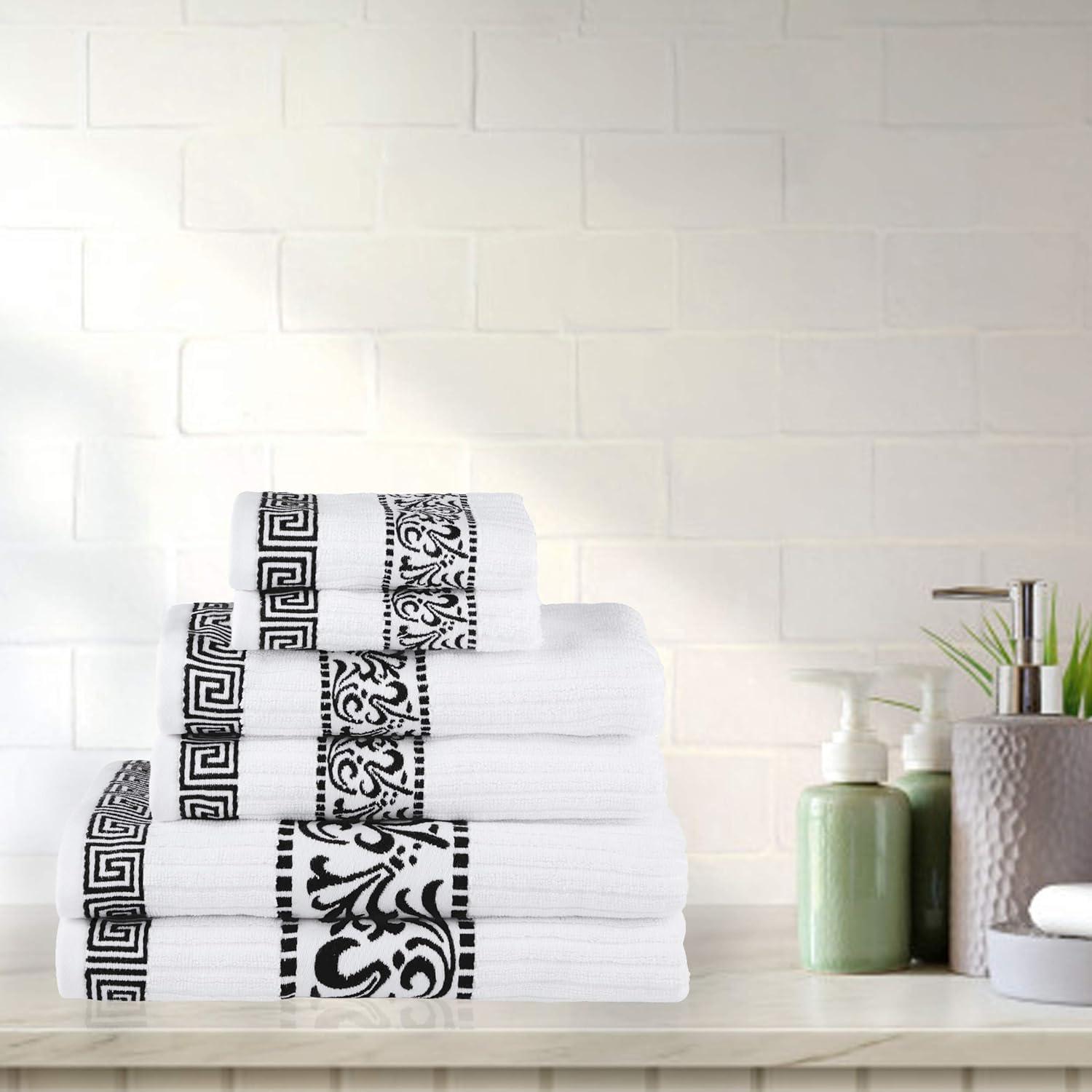 imageSuperior 6Piece Cotton Towel Set Decorative Greek Pattern Home Essentials Absorbent Towels Bathroom Decor Spa Resort Includes 2 Hand 2 Face and 2 Bath Towels Athens Collection GreyBlack