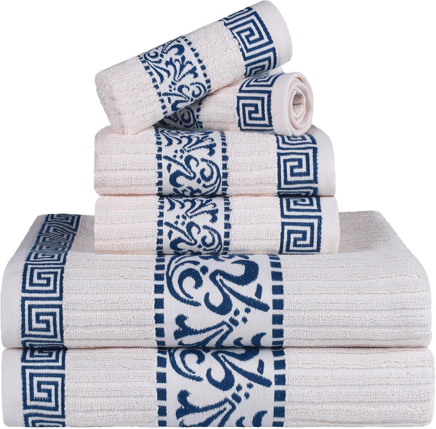 imageSuperior 6Piece Cotton Towel Set Decorative Greek Pattern Home Essentials Absorbent Towels Bathroom Decor Spa Resort Includes 2 Hand 2 Face and 2 Bath Towels Athens Collection GreyIvorynavy