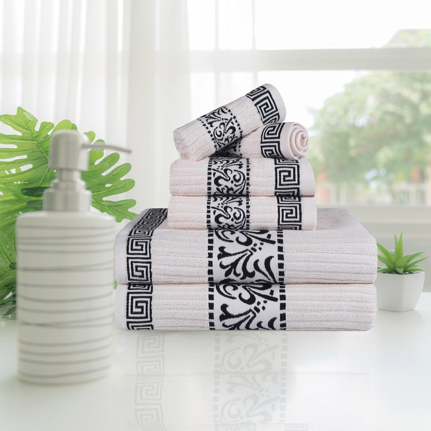 imageSuperior 6Piece Cotton Towel Set Decorative Greek Pattern Home Essentials Absorbent Towels Bathroom Decor Spa Resort Includes 2 Hand 2 Face and 2 Bath Towels Athens Collection GreyIvoryblack