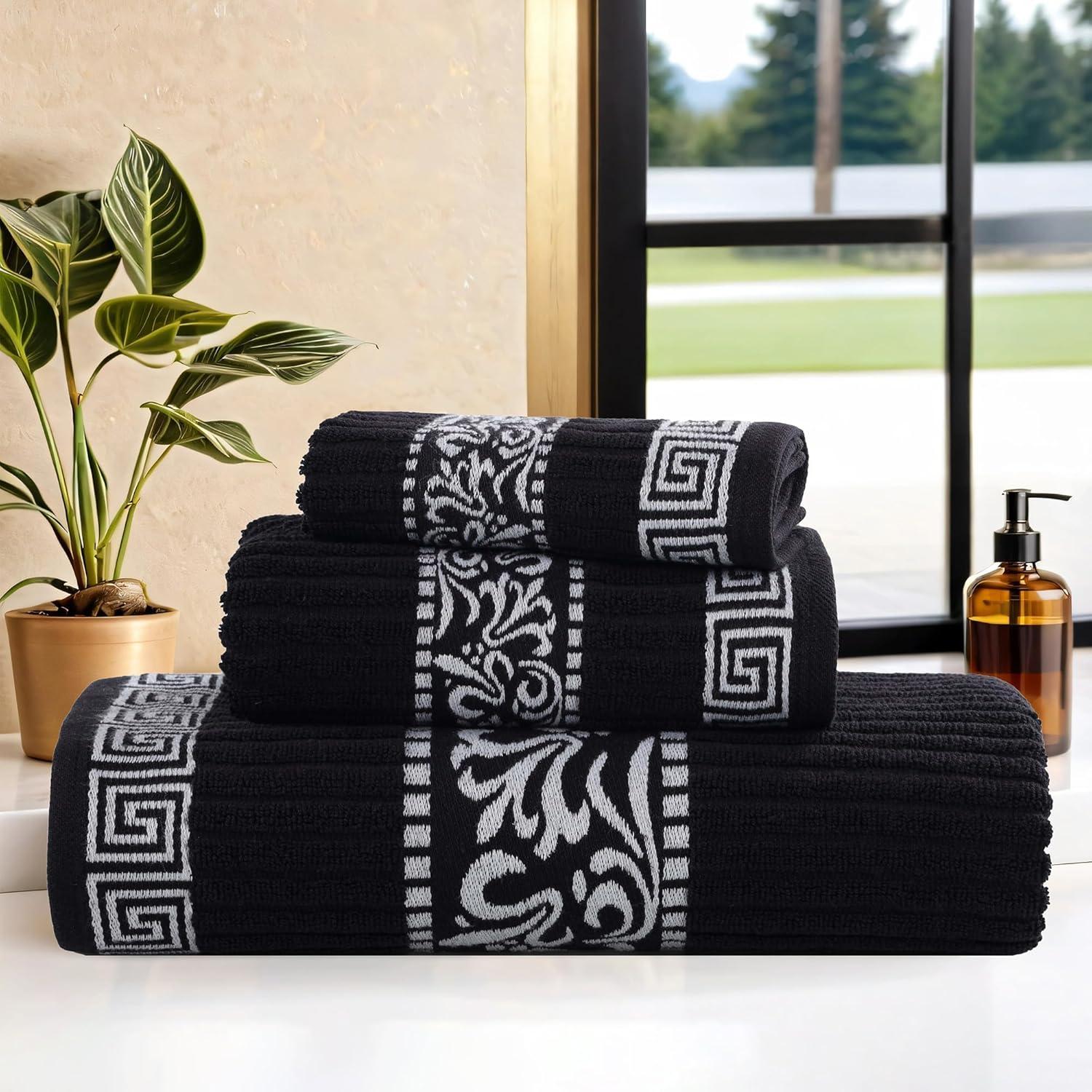 imageSuperior 6Piece Cotton Towel Set Decorative Greek Pattern Home Essentials Absorbent Towels Bathroom Decor Spa Resort Includes 2 Hand 2 Face and 2 Bath Towels Athens Collection GreyBlackwhite