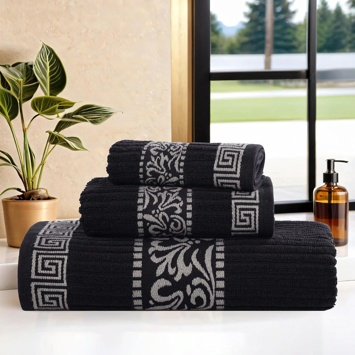 imageSuperior 6Piece Cotton Towel Set Decorative Greek Pattern Home Essentials Absorbent Towels Bathroom Decor Spa Resort Includes 2 Hand 2 Face and 2 Bath Towels Athens Collection GreyBlackchrome