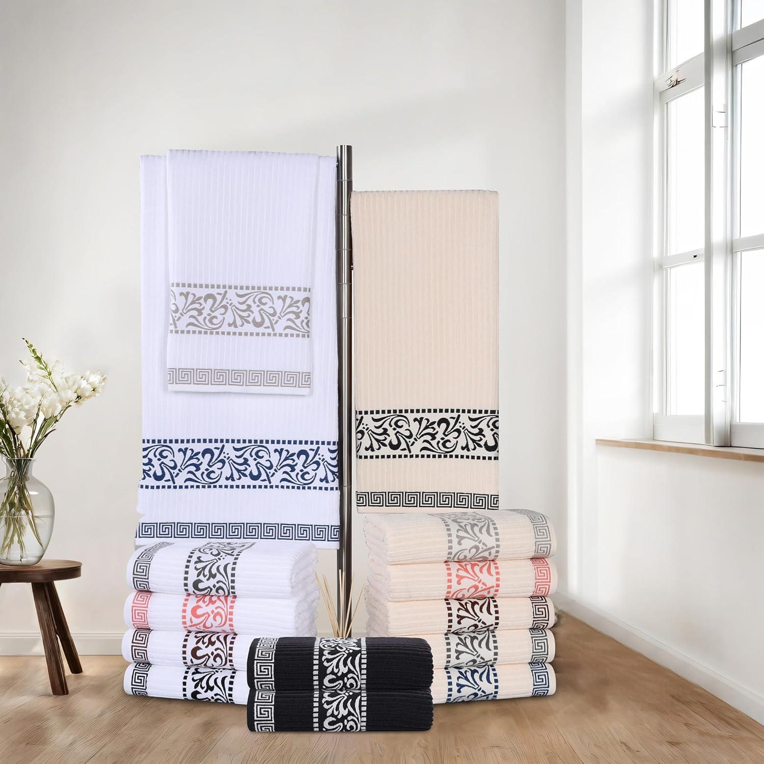 imageSuperior 6Piece Cotton Towel Set Decorative Greek Pattern Home Essentials Absorbent Towels Bathroom Decor Spa Resort Includes 2 Hand 2 Face and 2 Bath Towels Athens Collection GreyBlackchrome