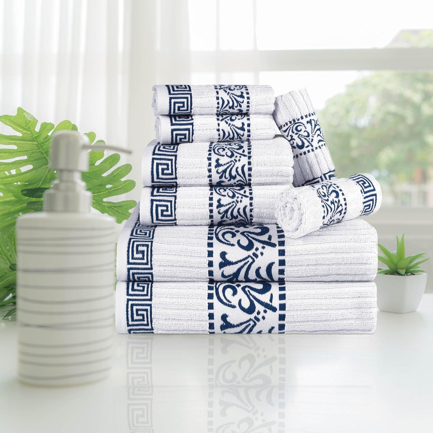 imageSuperior 6Piece Cotton Towel Set Decorative Greek Pattern Home Essentials Absorbent Towels Bathroom Decor Spa Resort Includes 2 Hand 2 Face and 2 Bath Towels Athens Collection GreyNavy Blue
