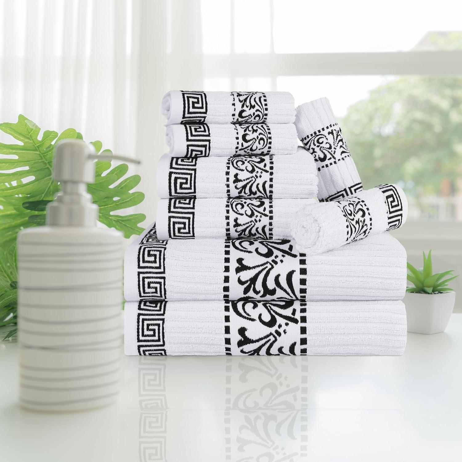 imageSuperior 6Piece Cotton Towel Set Decorative Greek Pattern Home Essentials Absorbent Towels Bathroom Decor Spa Resort Includes 2 Hand 2 Face and 2 Bath Towels Athens Collection GreyBlack