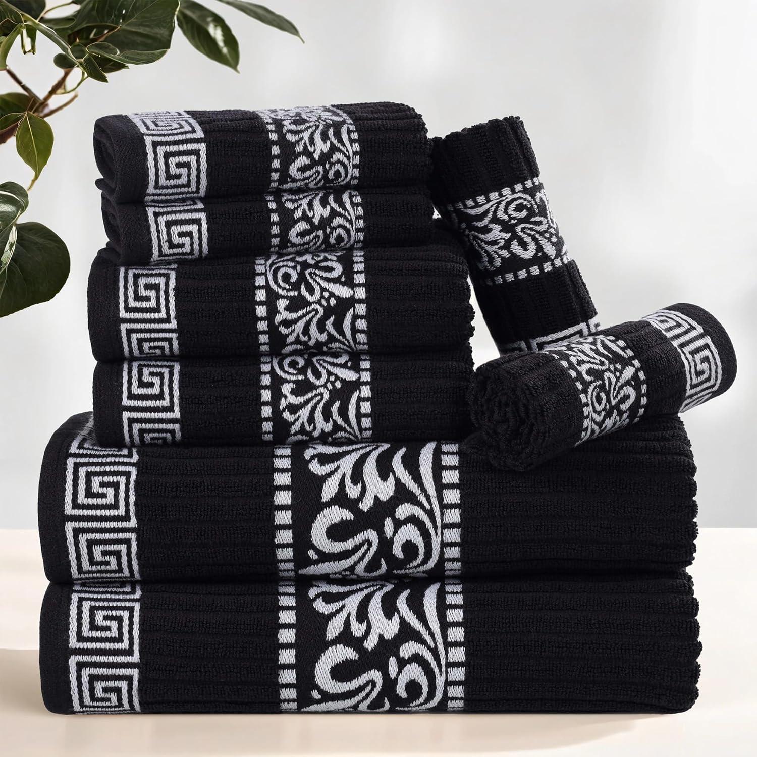 imageSuperior 6Piece Cotton Towel Set Decorative Greek Pattern Home Essentials Absorbent Towels Bathroom Decor Spa Resort Includes 2 Hand 2 Face and 2 Bath Towels Athens Collection GreyBlackwhite