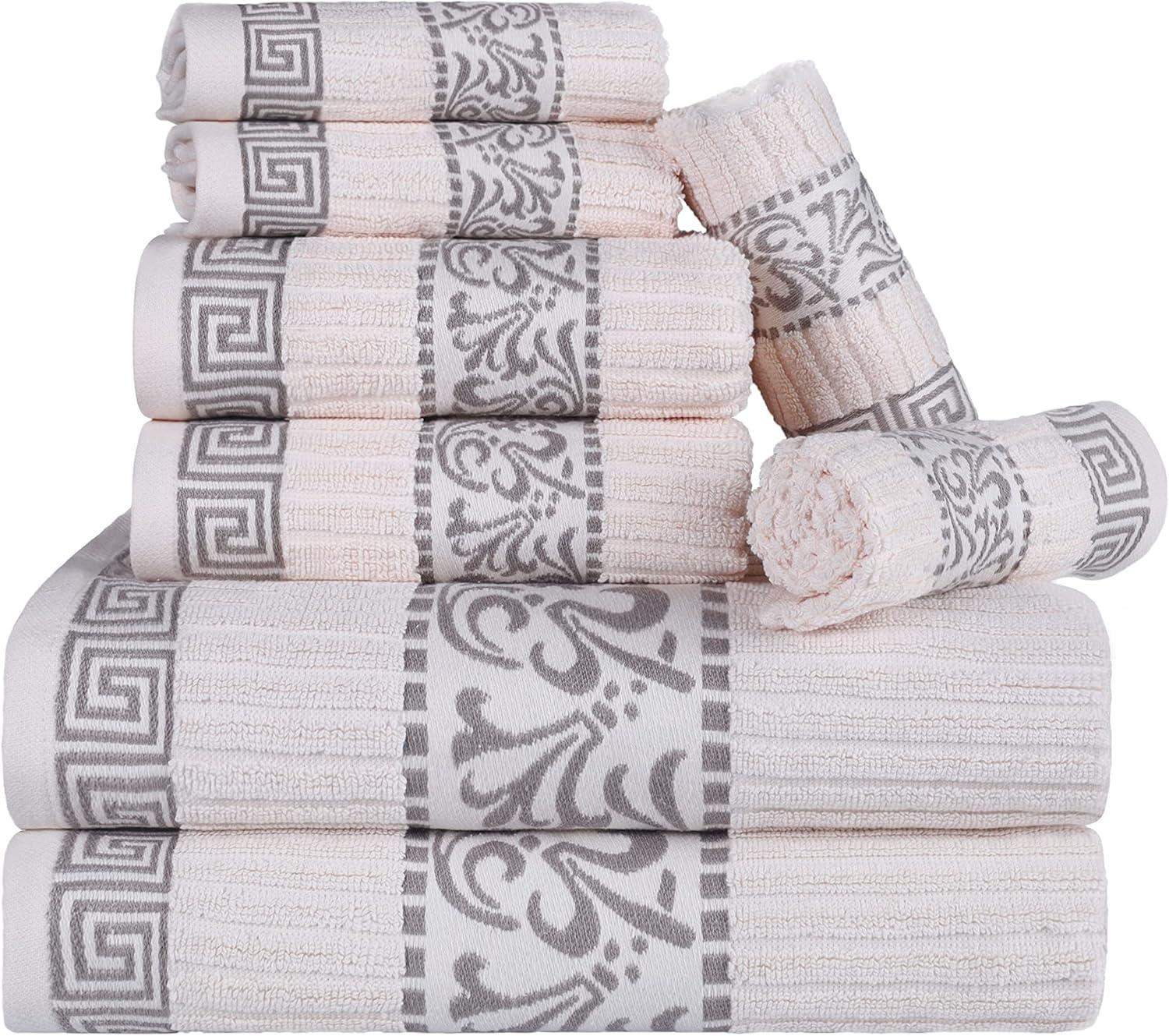 imageSuperior 6Piece Cotton Towel Set Decorative Greek Pattern Home Essentials Absorbent Towels Bathroom Decor Spa Resort Includes 2 Hand 2 Face and 2 Bath Towels Athens Collection GreyIvorychrome