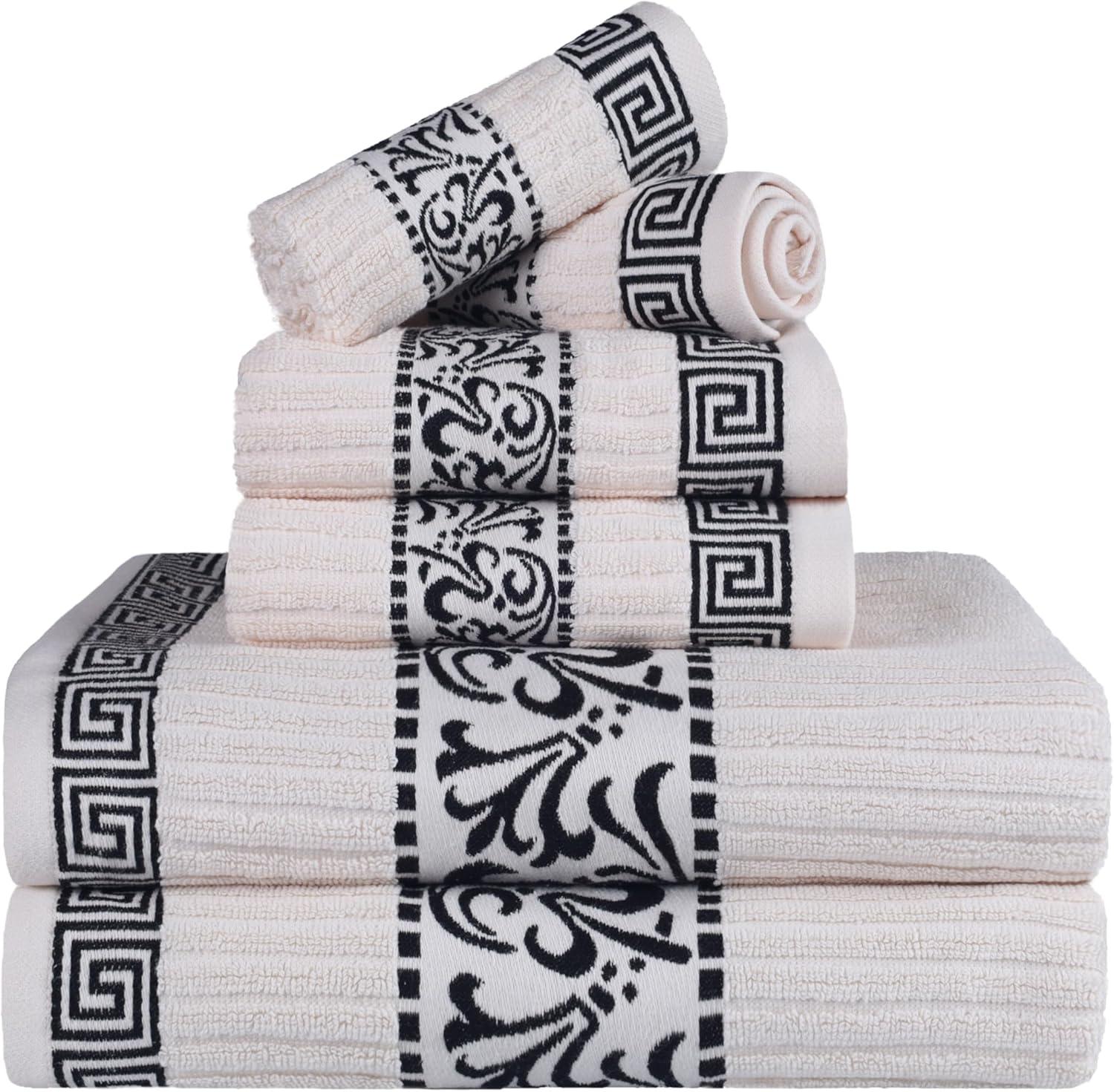 imageSuperior 6Piece Cotton Towel Set Decorative Greek Pattern Home Essentials Absorbent Towels Bathroom Decor Spa Resort Includes 2 Hand 2 Face and 2 Bath Towels Athens Collection GreyIvoryblack