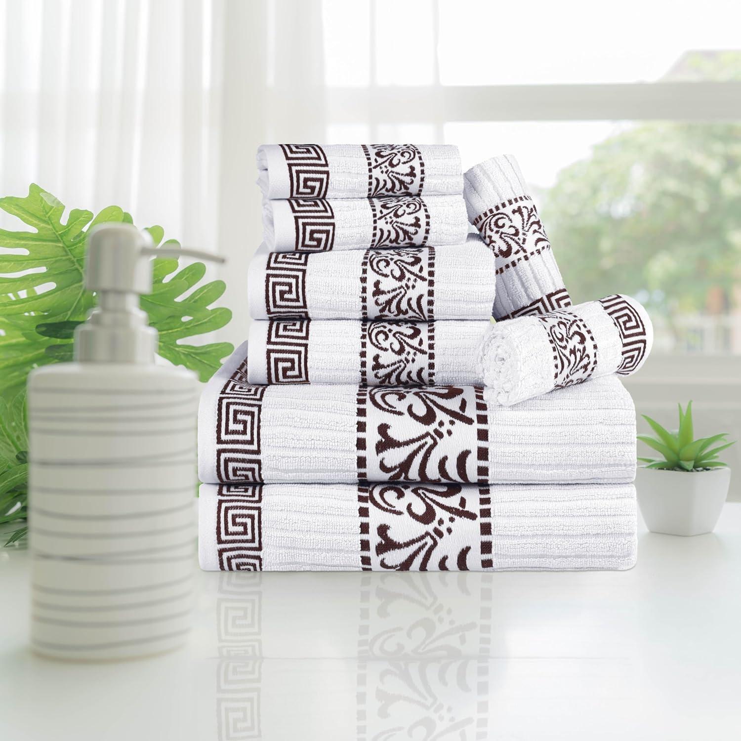 imageSuperior 6Piece Cotton Towel Set Decorative Greek Pattern Home Essentials Absorbent Towels Bathroom Decor Spa Resort Includes 2 Hand 2 Face and 2 Bath Towels Athens Collection GreyChocolate
