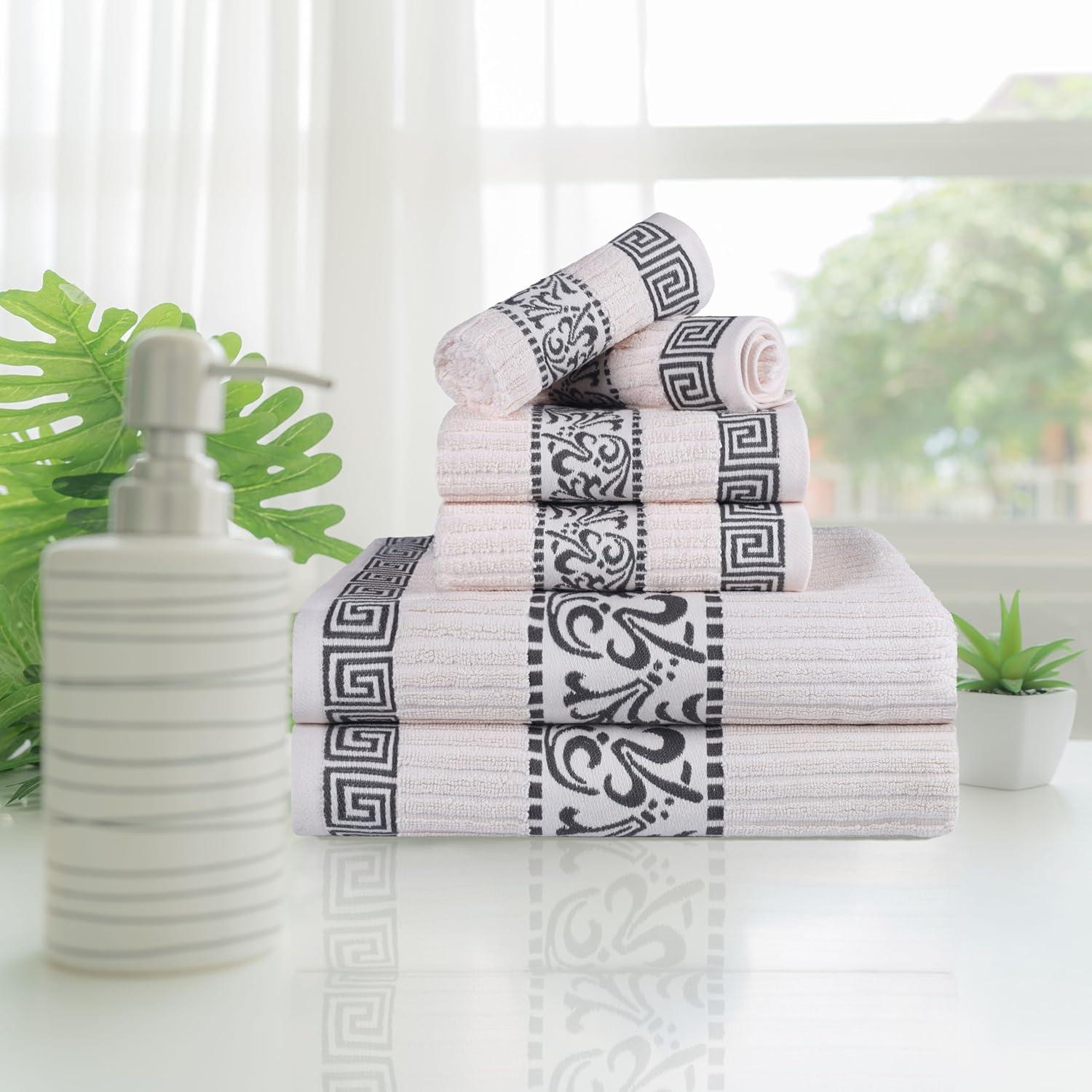 imageSuperior 6Piece Cotton Towel Set Decorative Greek Pattern Home Essentials Absorbent Towels Bathroom Decor Spa Resort Includes 2 Hand 2 Face and 2 Bath Towels Athens Collection GreyIvorygrey