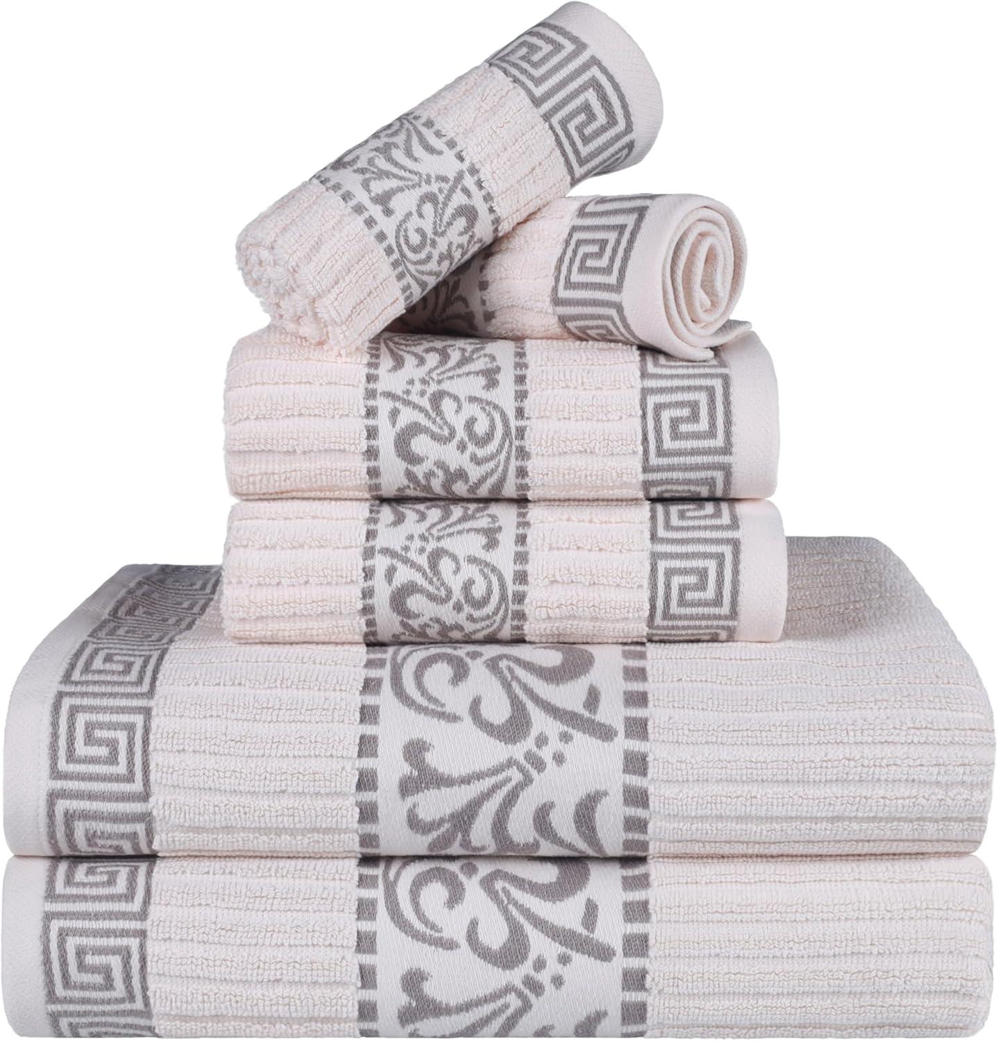 imageSuperior 6Piece Cotton Towel Set Decorative Greek Pattern Home Essentials Absorbent Towels Bathroom Decor Spa Resort Includes 2 Hand 2 Face and 2 Bath Towels Athens Collection GreyIvorychrome