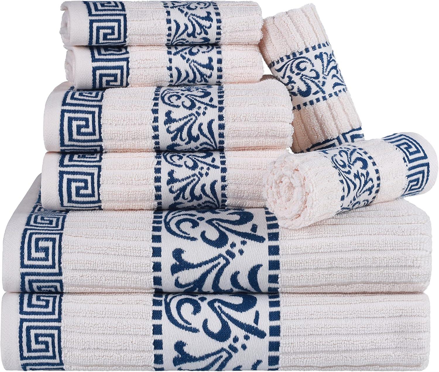 imageSuperior 6Piece Cotton Towel Set Decorative Greek Pattern Home Essentials Absorbent Towels Bathroom Decor Spa Resort Includes 2 Hand 2 Face and 2 Bath Towels Athens Collection GreyIvorynavy