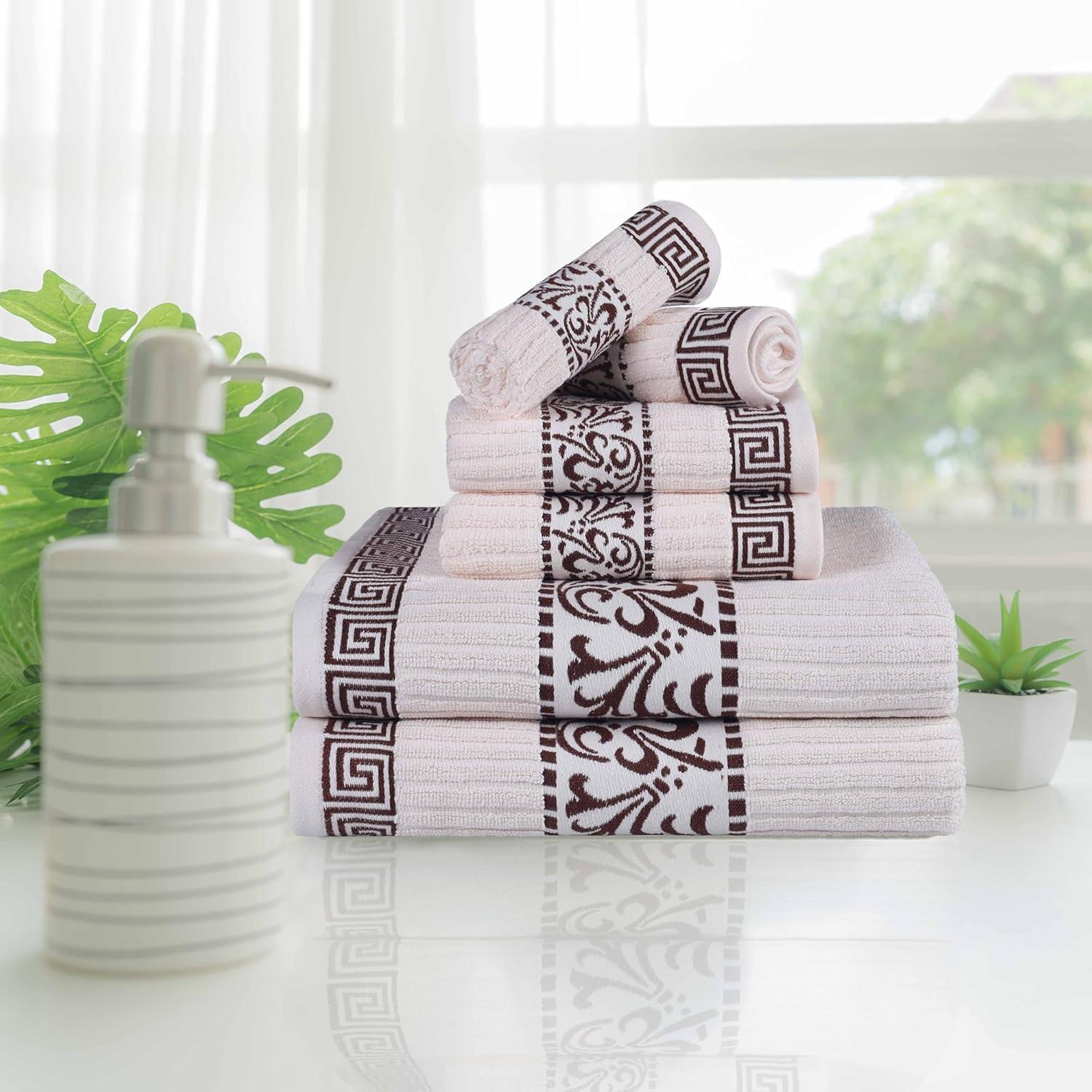 imageSuperior 6Piece Cotton Towel Set Decorative Greek Pattern Home Essentials Absorbent Towels Bathroom Decor Spa Resort Includes 2 Hand 2 Face and 2 Bath Towels Athens Collection GreyIvorychocolate