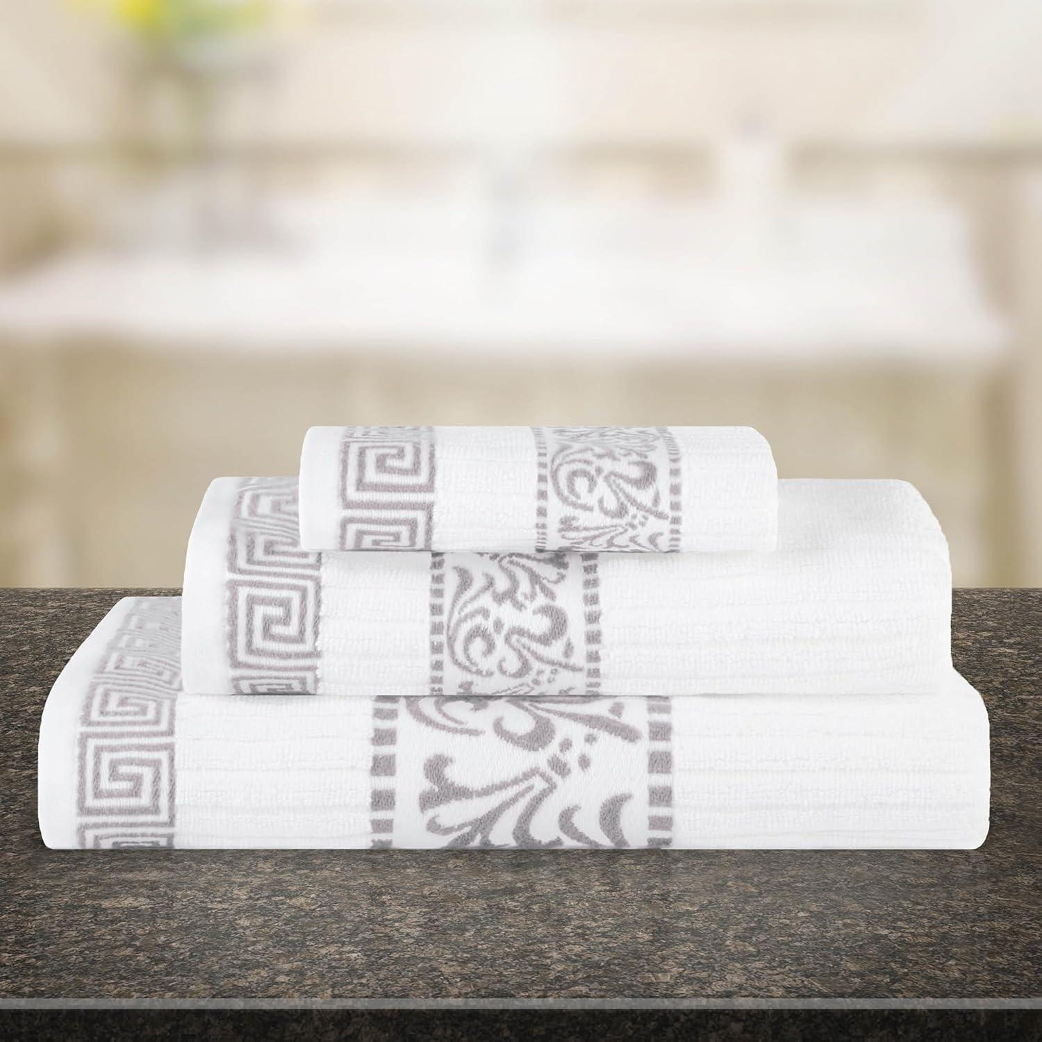 imageSuperior 6Piece Cotton Towel Set Decorative Greek Pattern Home Essentials Absorbent Towels Bathroom Decor Spa Resort Includes 2 Hand 2 Face and 2 Bath Towels Athens Collection GreyChrome