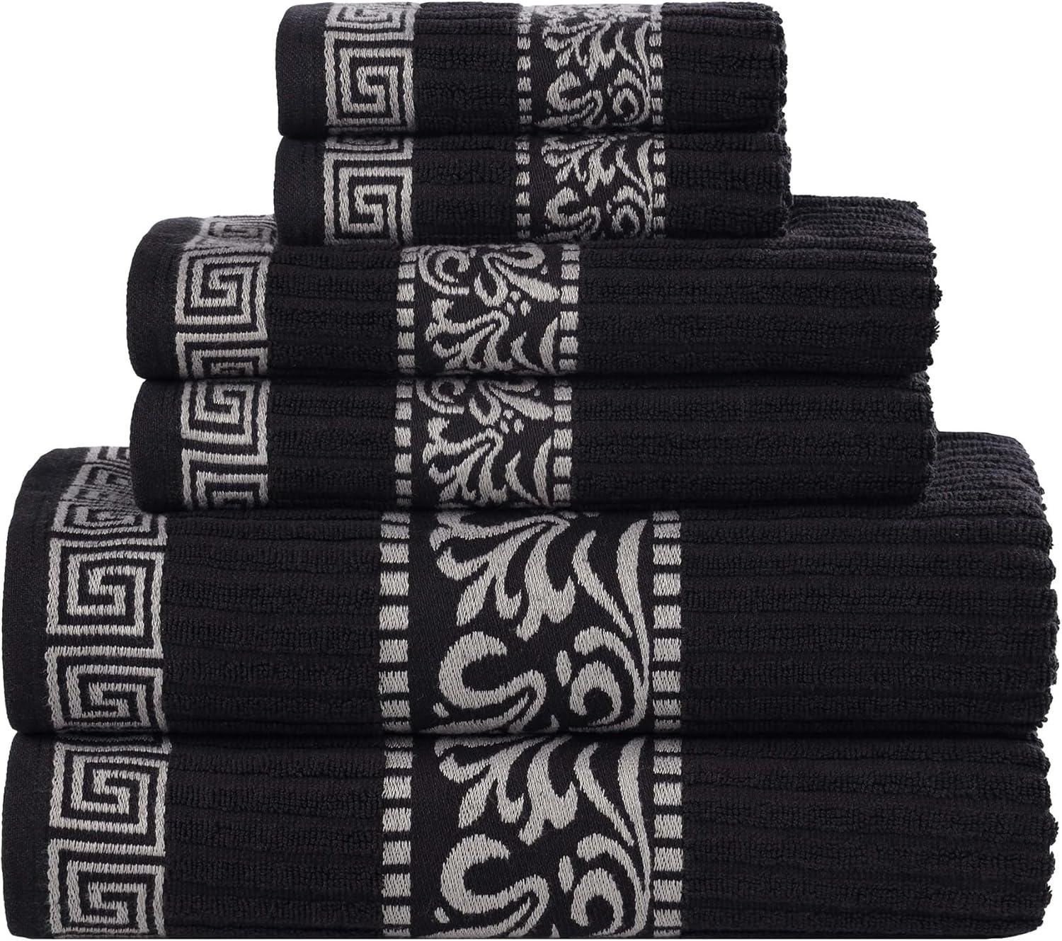 imageSuperior 6Piece Cotton Towel Set Decorative Greek Pattern Home Essentials Absorbent Towels Bathroom Decor Spa Resort Includes 2 Hand 2 Face and 2 Bath Towels Athens Collection GreyBlackchrome