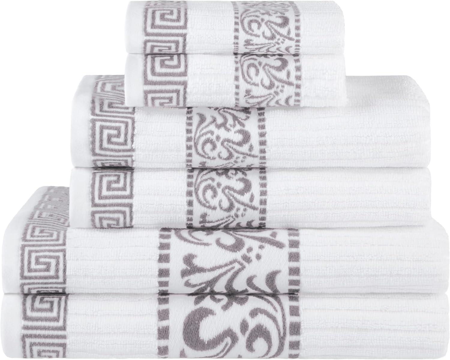 imageSuperior 6Piece Cotton Towel Set Decorative Greek Pattern Home Essentials Absorbent Towels Bathroom Decor Spa Resort Includes 2 Hand 2 Face and 2 Bath Towels Athens Collection GreyChrome