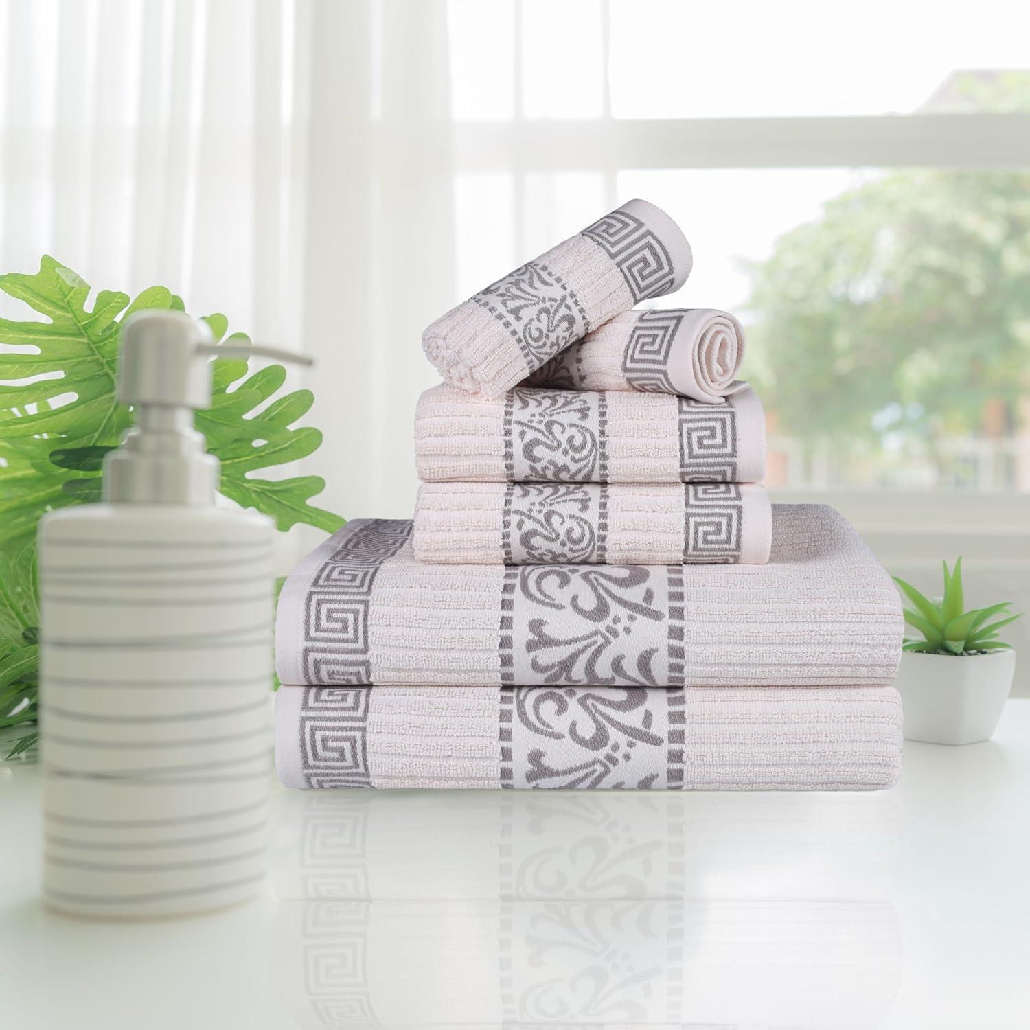 imageSuperior 6Piece Cotton Towel Set Decorative Greek Pattern Home Essentials Absorbent Towels Bathroom Decor Spa Resort Includes 2 Hand 2 Face and 2 Bath Towels Athens Collection GreyIvorychrome