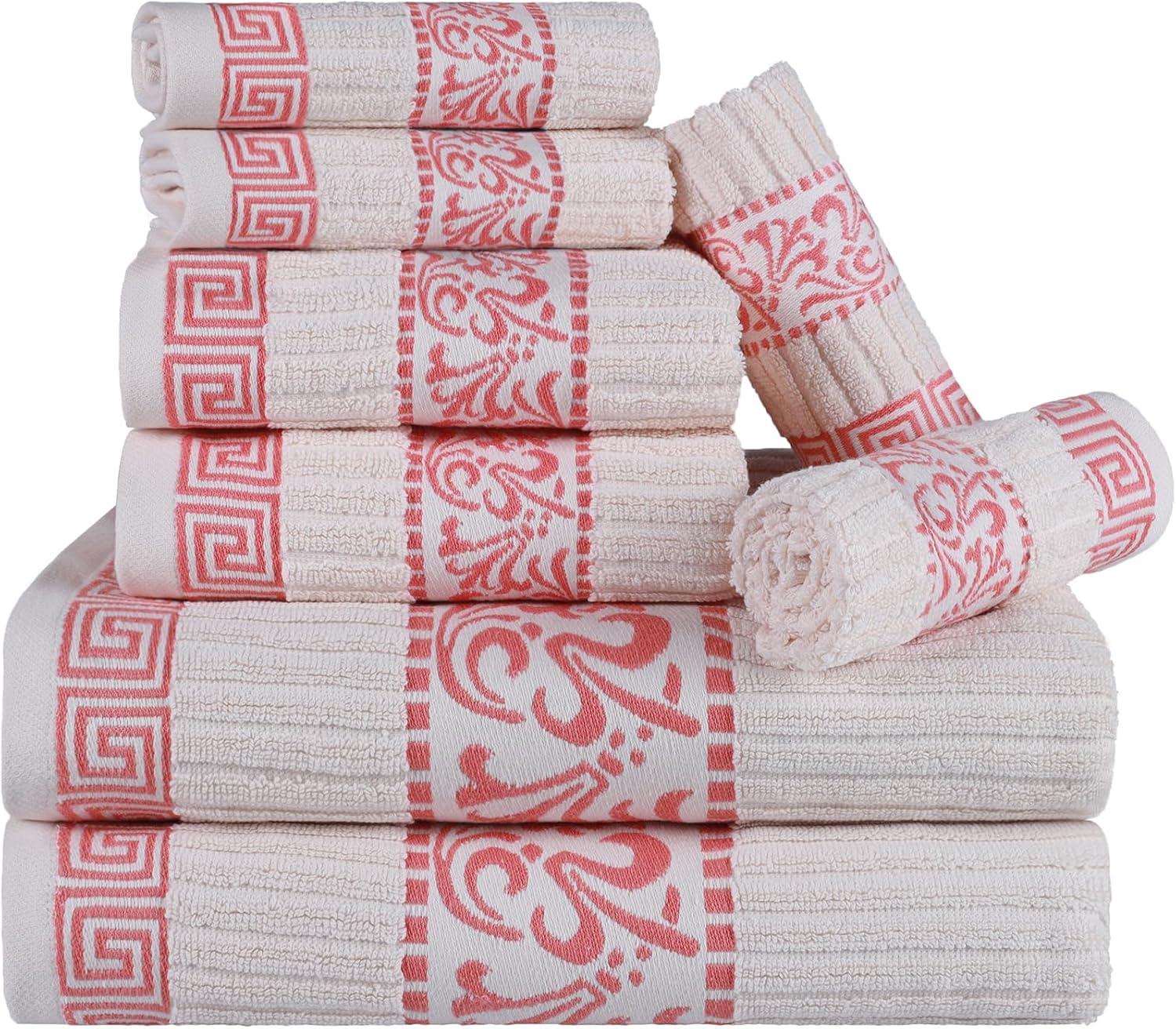 imageSuperior 6Piece Cotton Towel Set Decorative Greek Pattern Home Essentials Absorbent Towels Bathroom Decor Spa Resort Includes 2 Hand 2 Face and 2 Bath Towels Athens Collection GreyIvorycoral