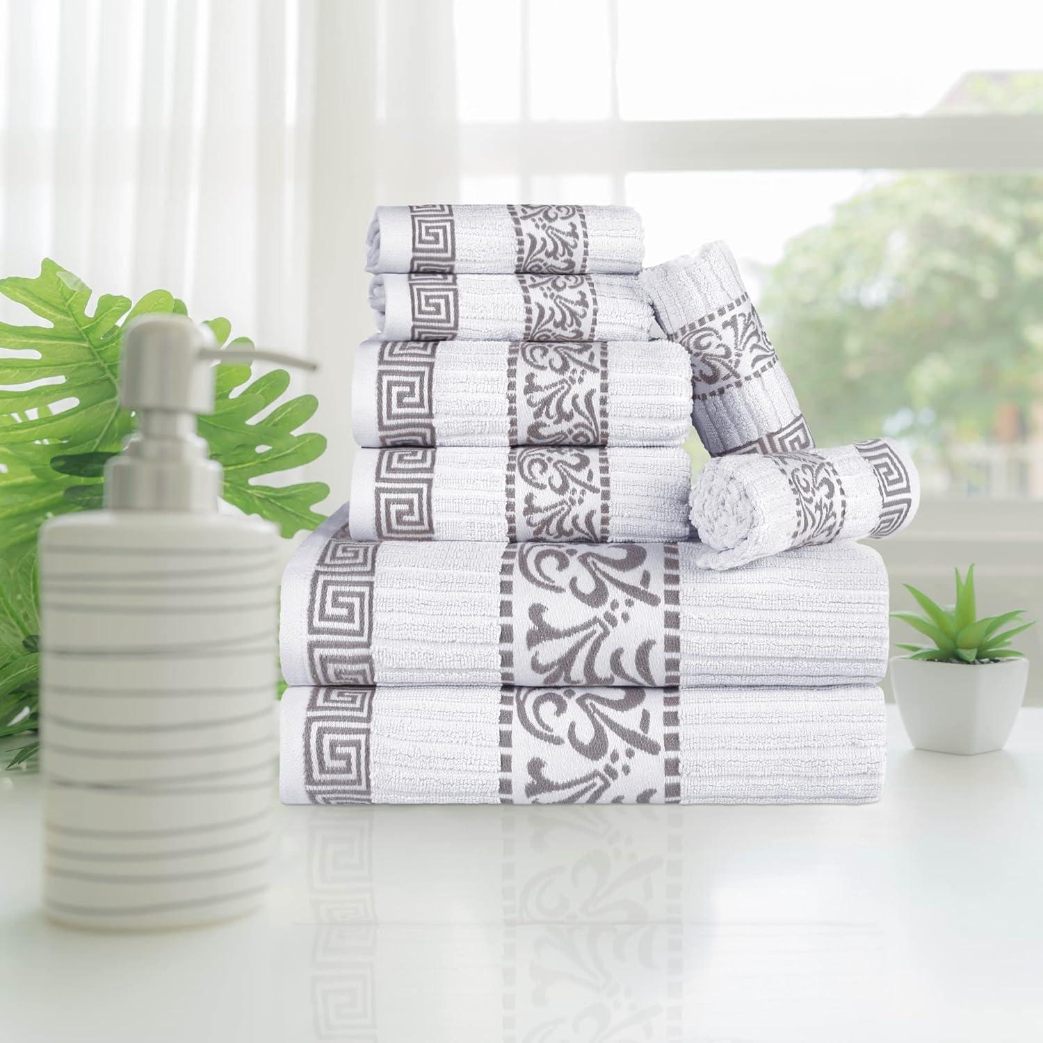 imageSuperior 6Piece Cotton Towel Set Decorative Greek Pattern Home Essentials Absorbent Towels Bathroom Decor Spa Resort Includes 2 Hand 2 Face and 2 Bath Towels Athens Collection GreyChrome