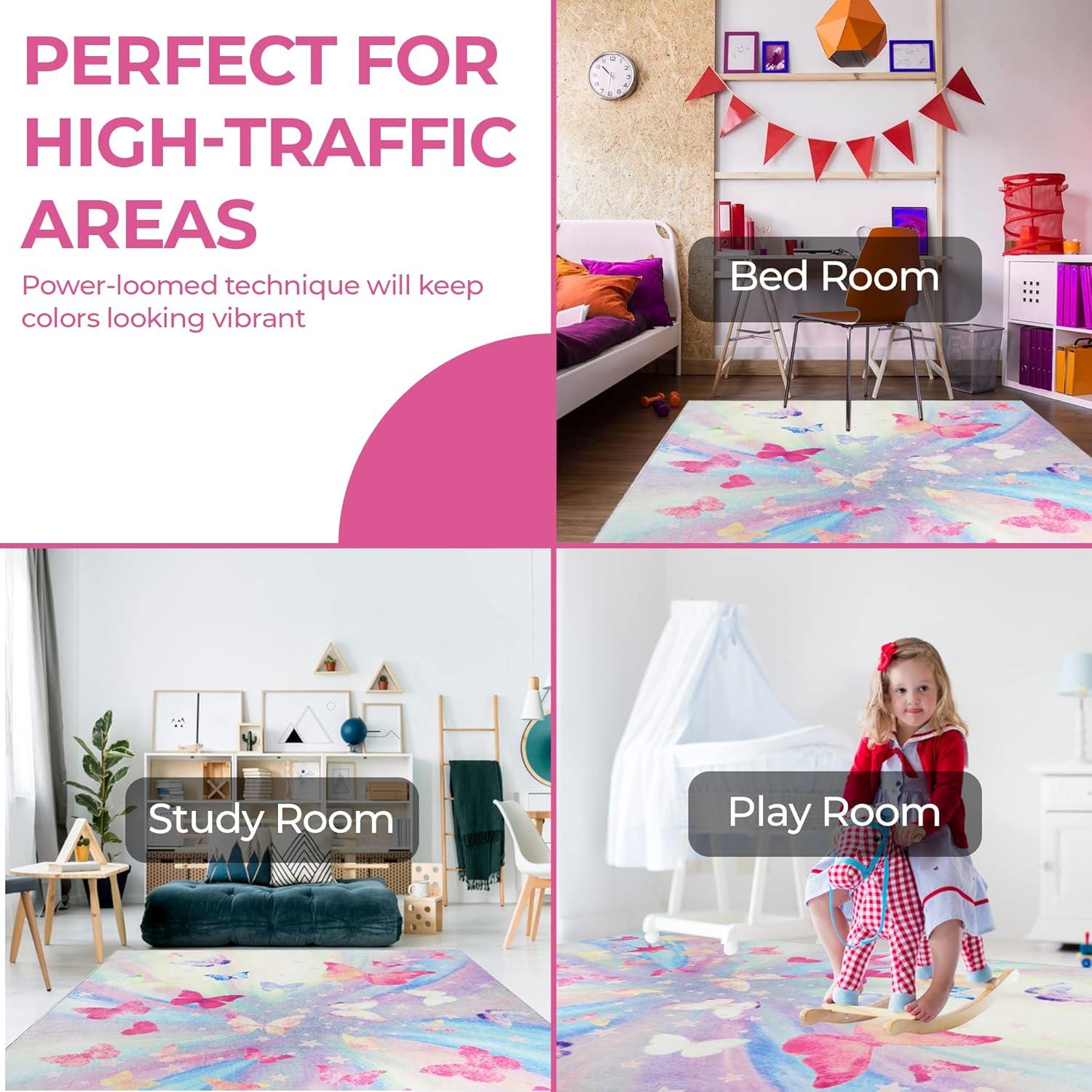 imageSuperior Butterfly Burst NonSlip Indoor Rug for Kids Toddlers ampamp Babies Washable Perfect for Playroom Kids Room Nursery or Bedroom Colorful Butterfly Swirls and Stars 5 x 7 6quot ApricotMagenta