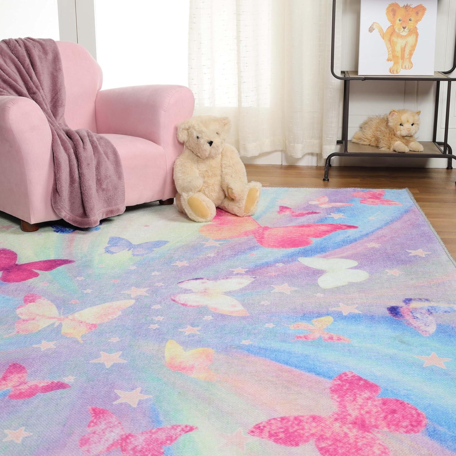 imageSuperior Butterfly Burst NonSlip Indoor Rug for Kids Toddlers ampamp Babies Washable Perfect for Playroom Kids Room Nursery or Bedroom Colorful Butterfly Swirls and Stars 5 x 7 6quot ApricotMagenta