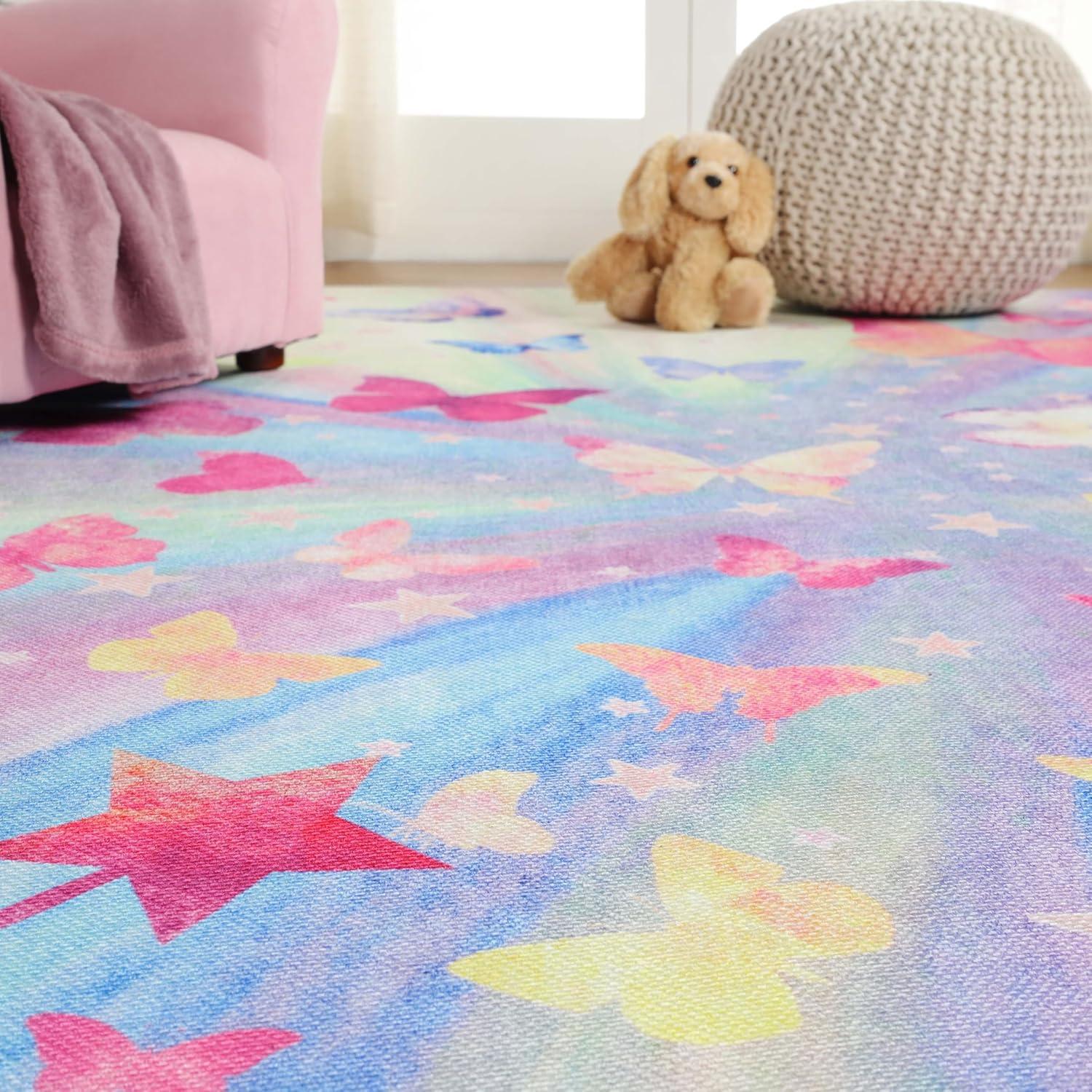 imageSuperior Butterfly Burst NonSlip Indoor Rug for Kids Toddlers ampamp Babies Washable Perfect for Playroom Kids Room Nursery or Bedroom Colorful Butterfly Swirls and Stars 5 x 7 6quot ApricotMagenta