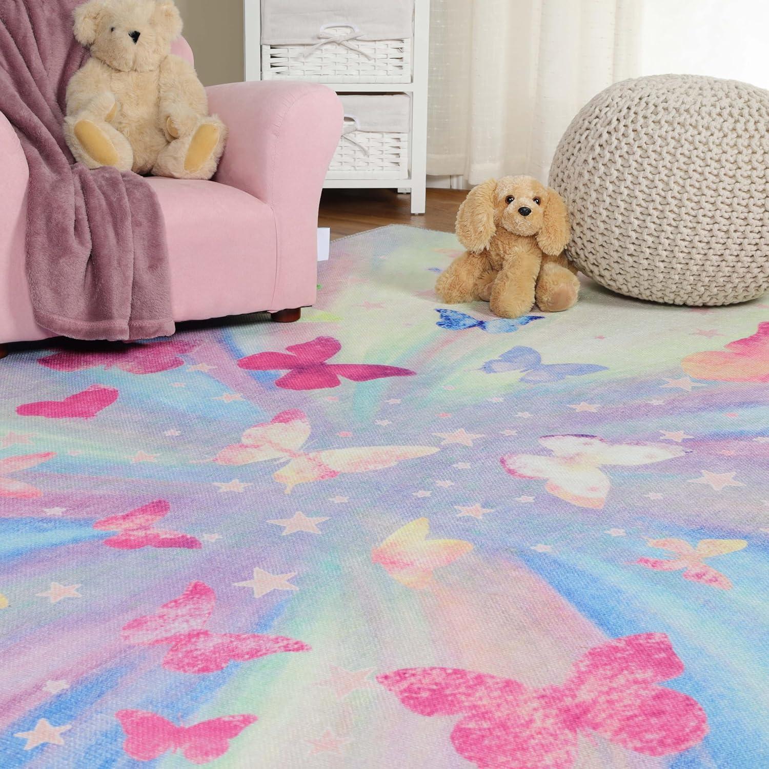 imageSuperior Butterfly Burst NonSlip Indoor Rug for Kids Toddlers ampamp Babies Washable Perfect for Playroom Kids Room Nursery or Bedroom Colorful Butterfly Swirls and Stars 5 x 7 6quot ApricotMagenta