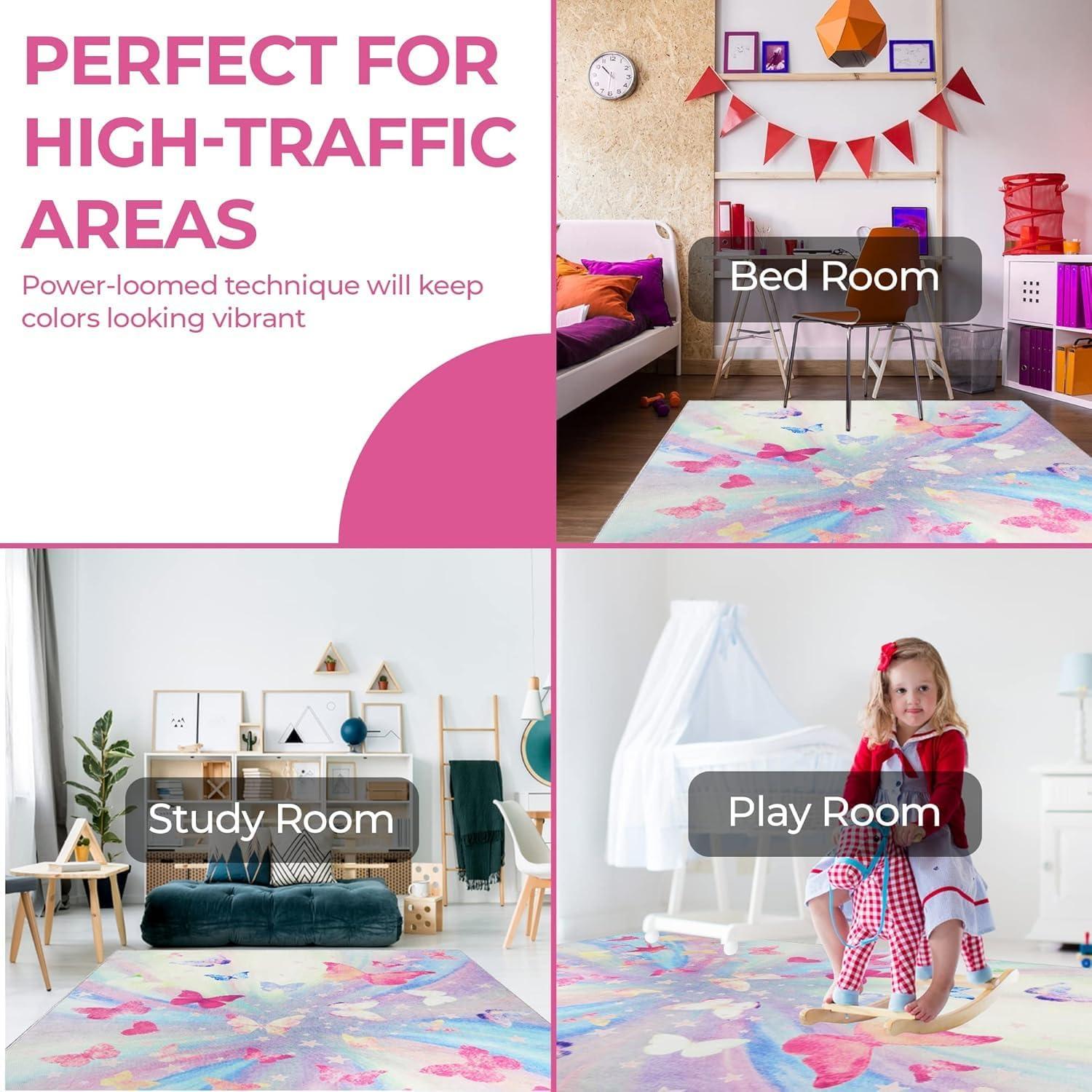 imageSuperior Butterfly Burst NonSlip Indoor Rug for Kids Toddlers ampamp Babies Washable Perfect for Playroom Kids Room Nursery or Bedroom Colorful Butterfly Swirls and Stars 5 x 7 6quot ApricotMagenta